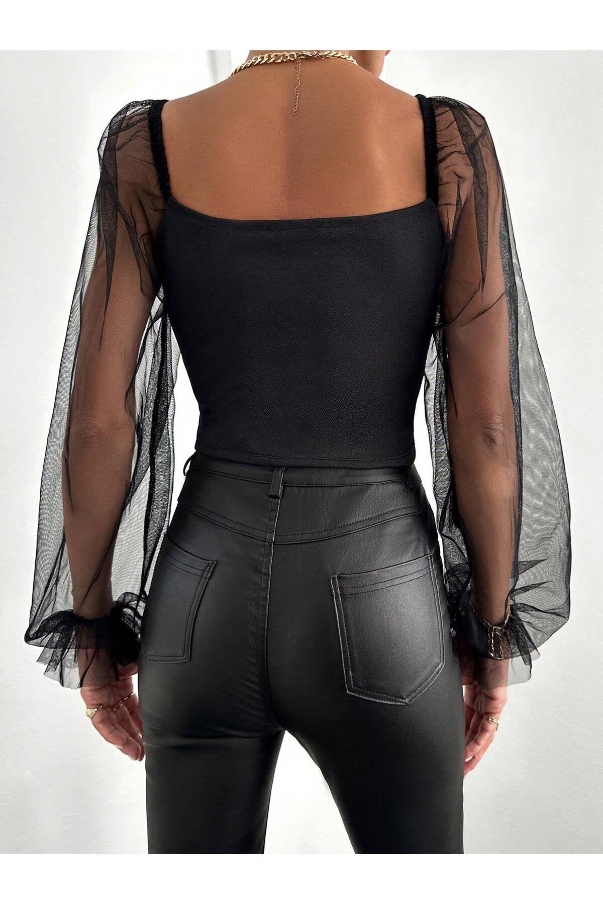 KADIN FERMUAR DETAYLI KOLU TÜLLÜ ESNEK ÖRME KUMAŞ BLUZ