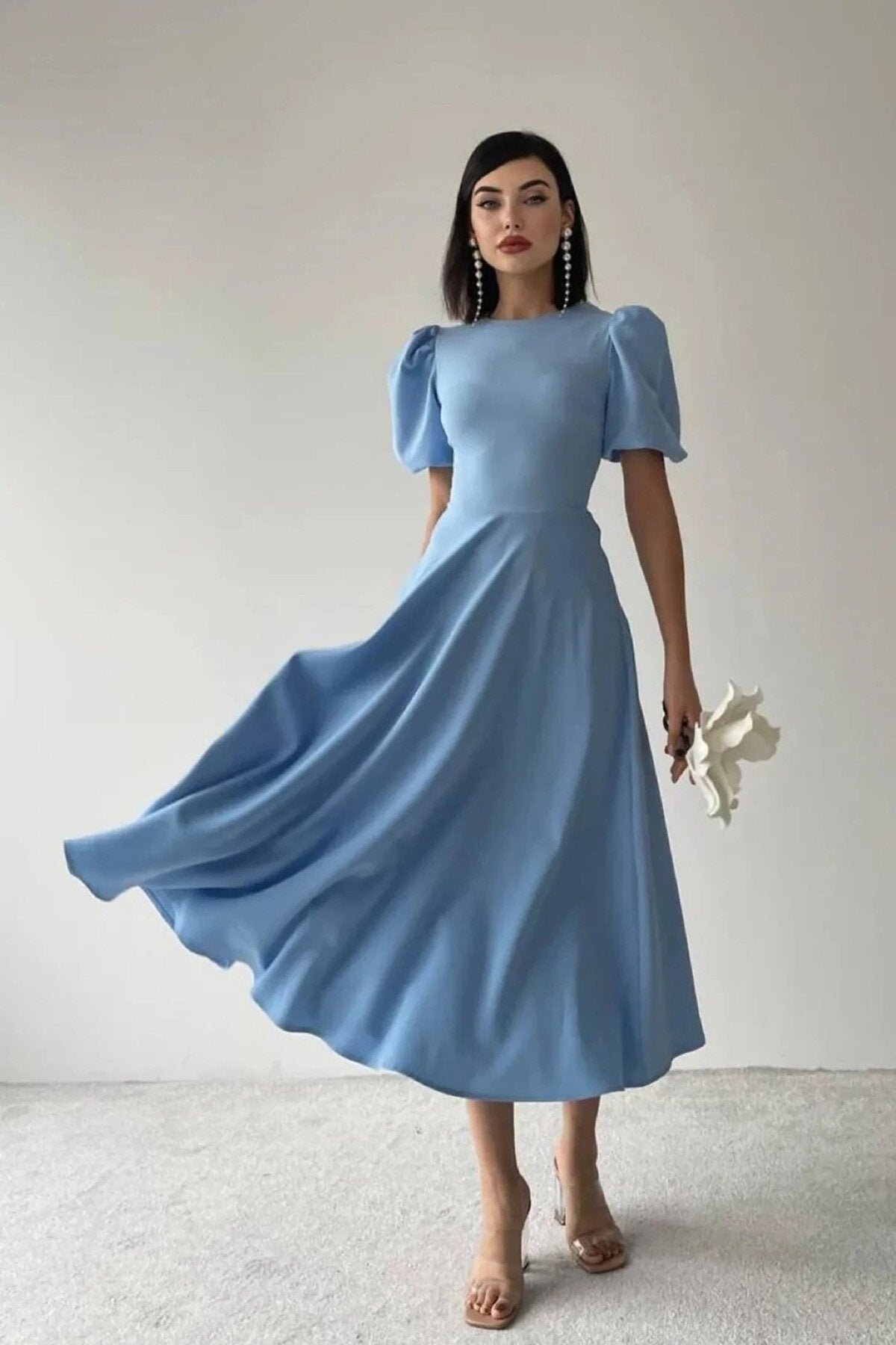 KADIN BALON KOL ETEĞİ KLOŞ MİDİ BOY ELBİSE