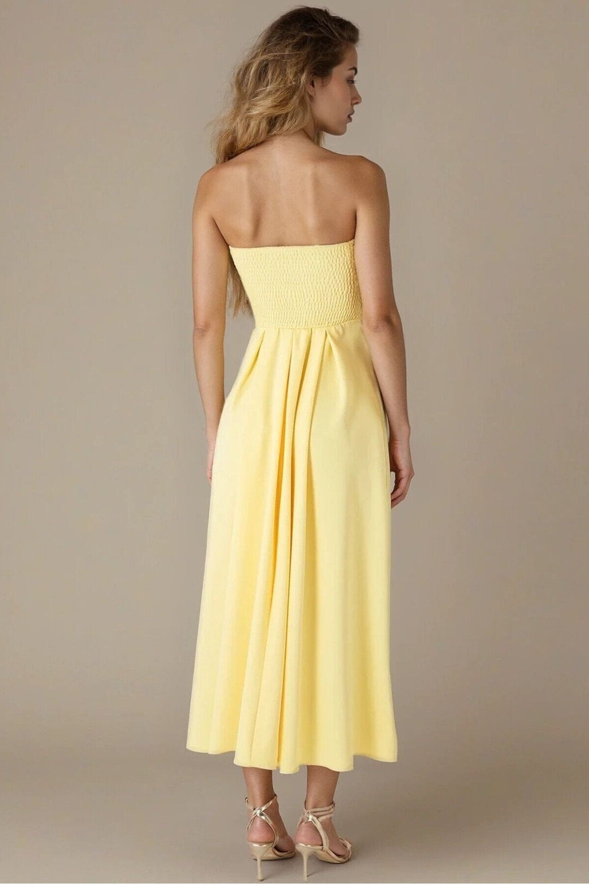 KADIN ATLAS KUMAŞ STRAPLEZ YAKA KLOŞ KESİM UZUN BOY DÜĞÜN NİŞAN DAVET ELBİSESİ