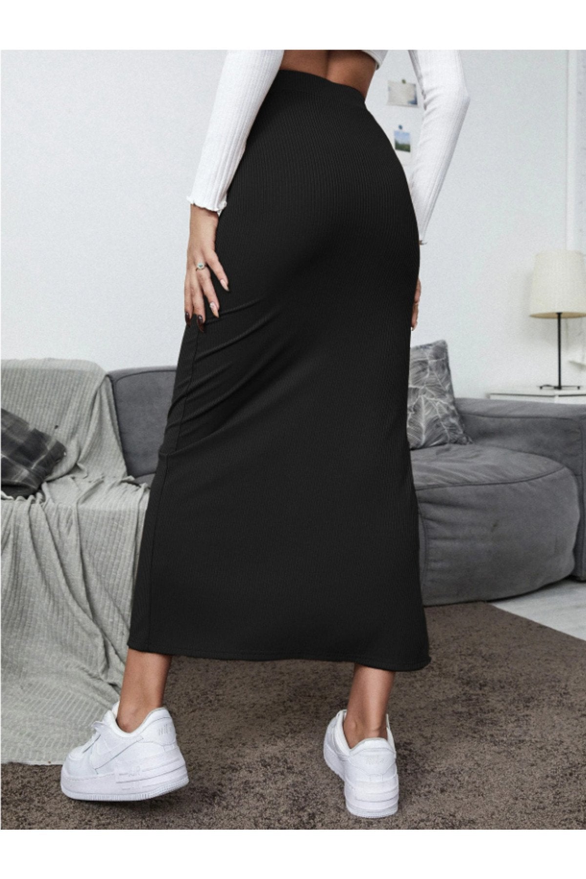 KADIN YIRTMAÇLI FİTİLLİ ESNEK KUMAŞ MİDİ BOY BELİ LASTİKLİ KALEM ETEK