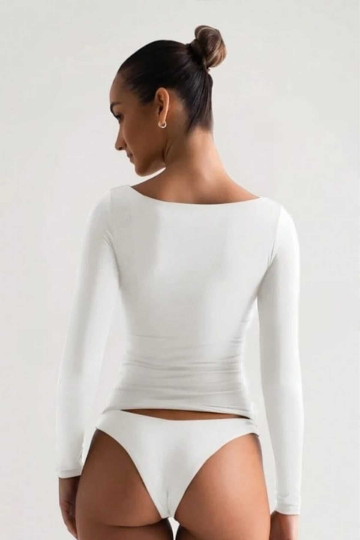 KADIN BASİC HAVUZ YAKA ÖNÜ ÇİFT KAT LİKRALI BLUZ