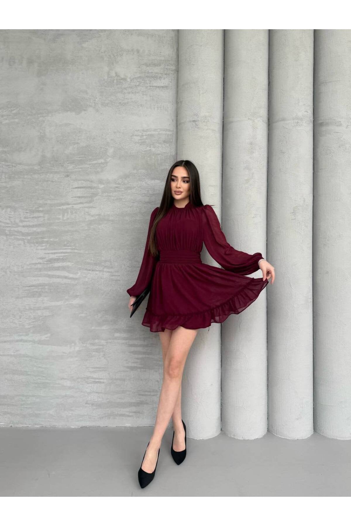 KADIN ETEĞİ FIRFIRLI BÜZGÜ DETAYLI BALON KOL ŞİFON ELBİSE