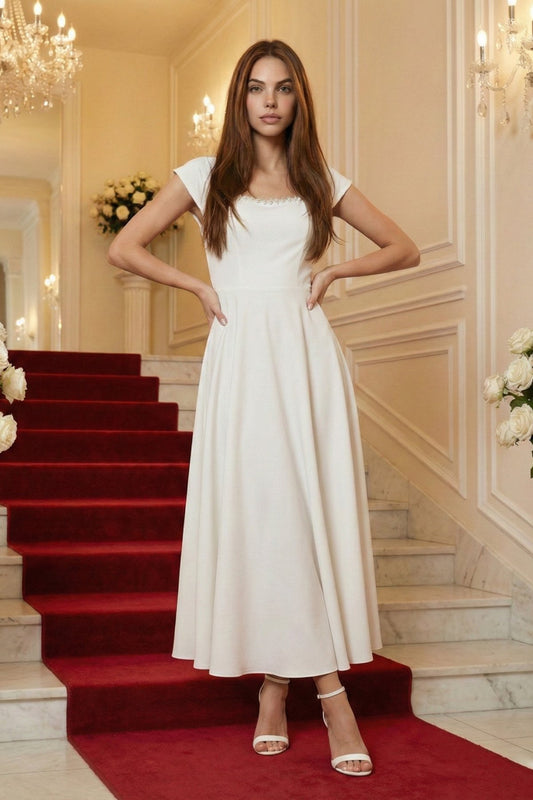 KADIN YAKASI TAŞ AKSESUAR DETAYLI ATLAS KUMAŞ UZUN BOY ETEĞİ KLOŞ ABİYE DÜĞÜN NİŞAN DAVET ELBİSESİ