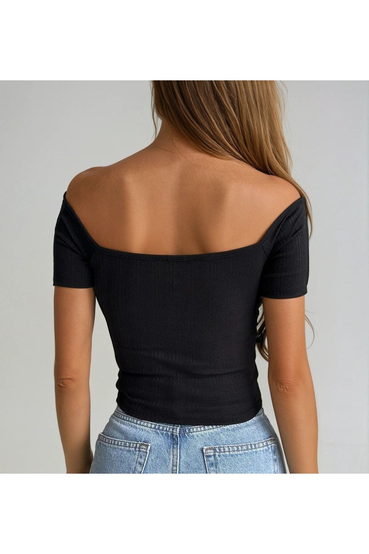 KADIN GÜL DETAYLI DÜŞÜK OMUZ ÖRME KUMAŞ BLUZ