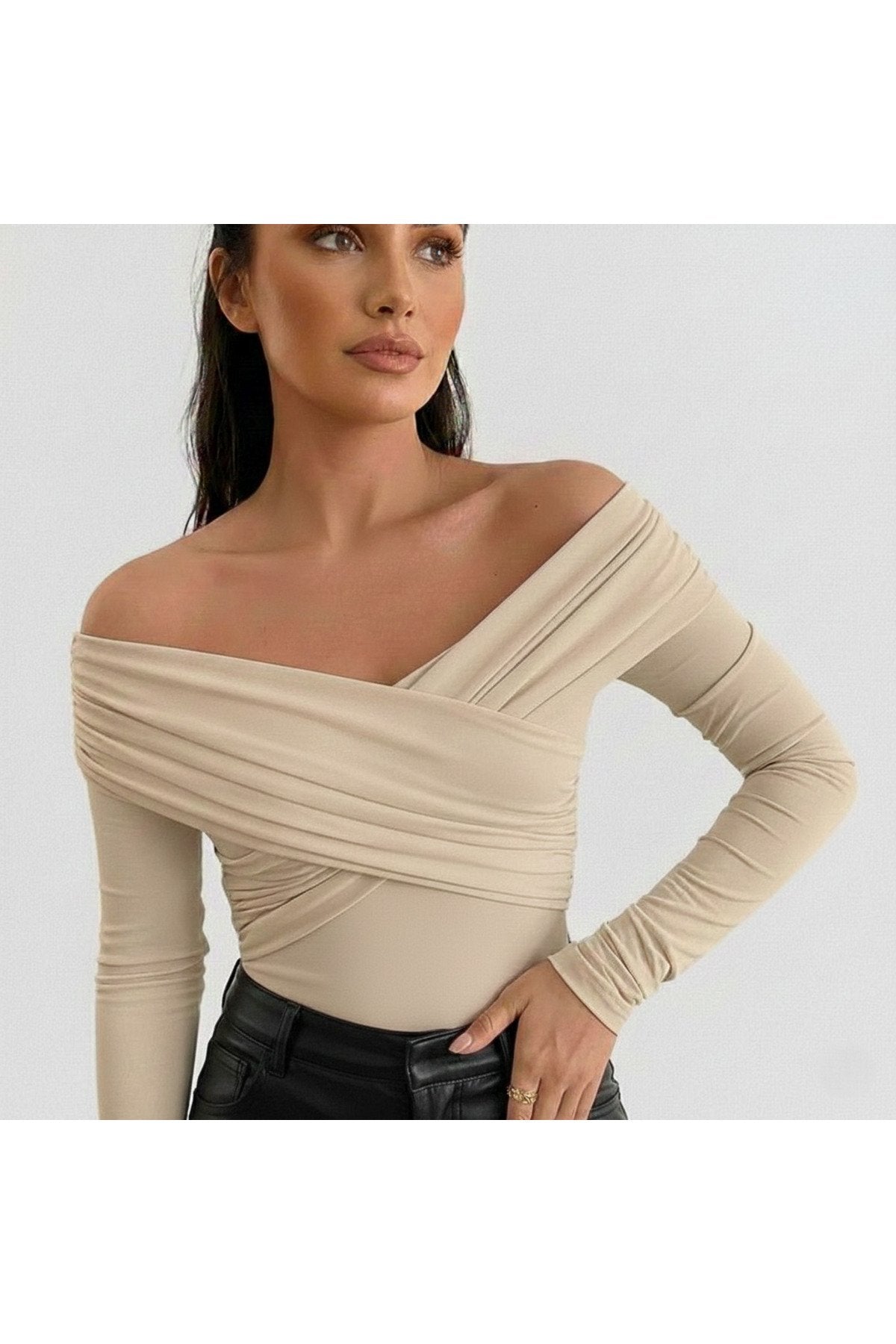 KADIN ÇAPRAZ YAKA DRAPE DETAYLI ESNEK KUMAŞ TASARIM BLUZ