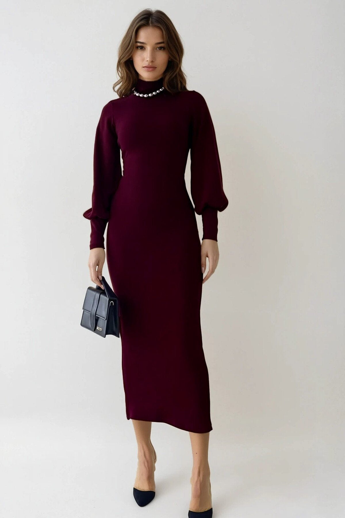 KADIN BALIKÇI YAKA UZUN KOLLU ESNEK TRİKO KUMAŞ GÜNLÜK VE TESETTÜRE UYGUN TASARIM UZUN ELBİSE