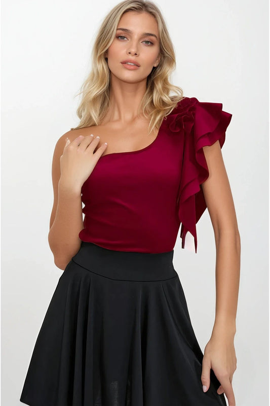 KADIN TEK OMUZ DRAPELİ OMUZU FIRFIRLI LİKRALI KUMAŞ BLUZ