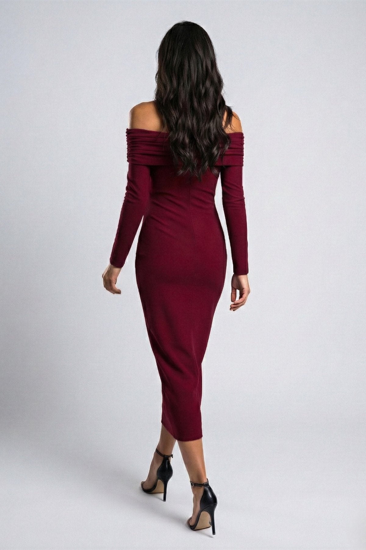 KADIN ÇAPRAZ YAKA DRAPE DETAYLI ESNEK KUMAŞ TASARIM ELBİSE