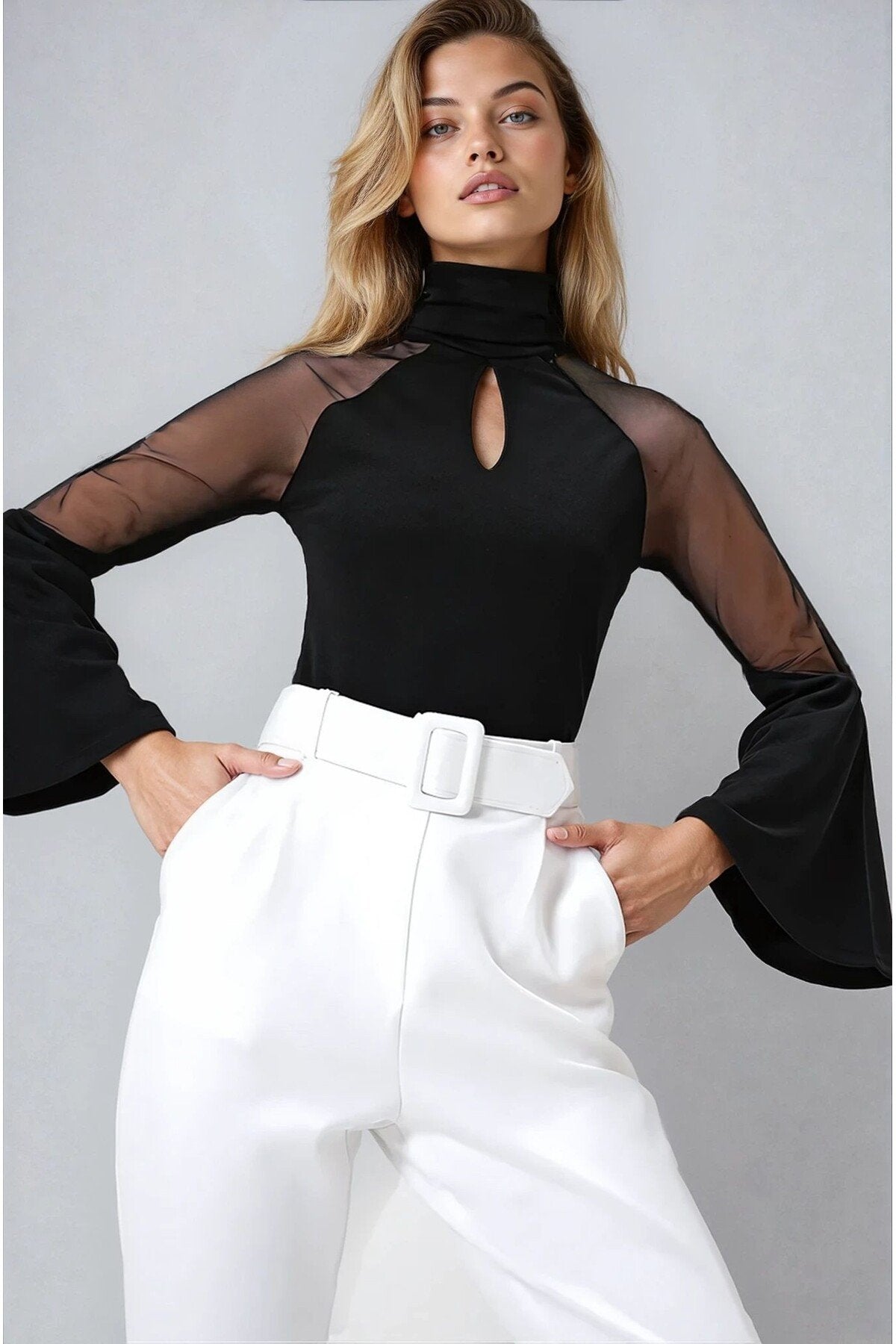 KADIN CUT OUT DETAYLI İSPANYOL KOL TÜL GARNİLİ BALIKÇI YAKA ESNEK KUMAŞ BLUZ