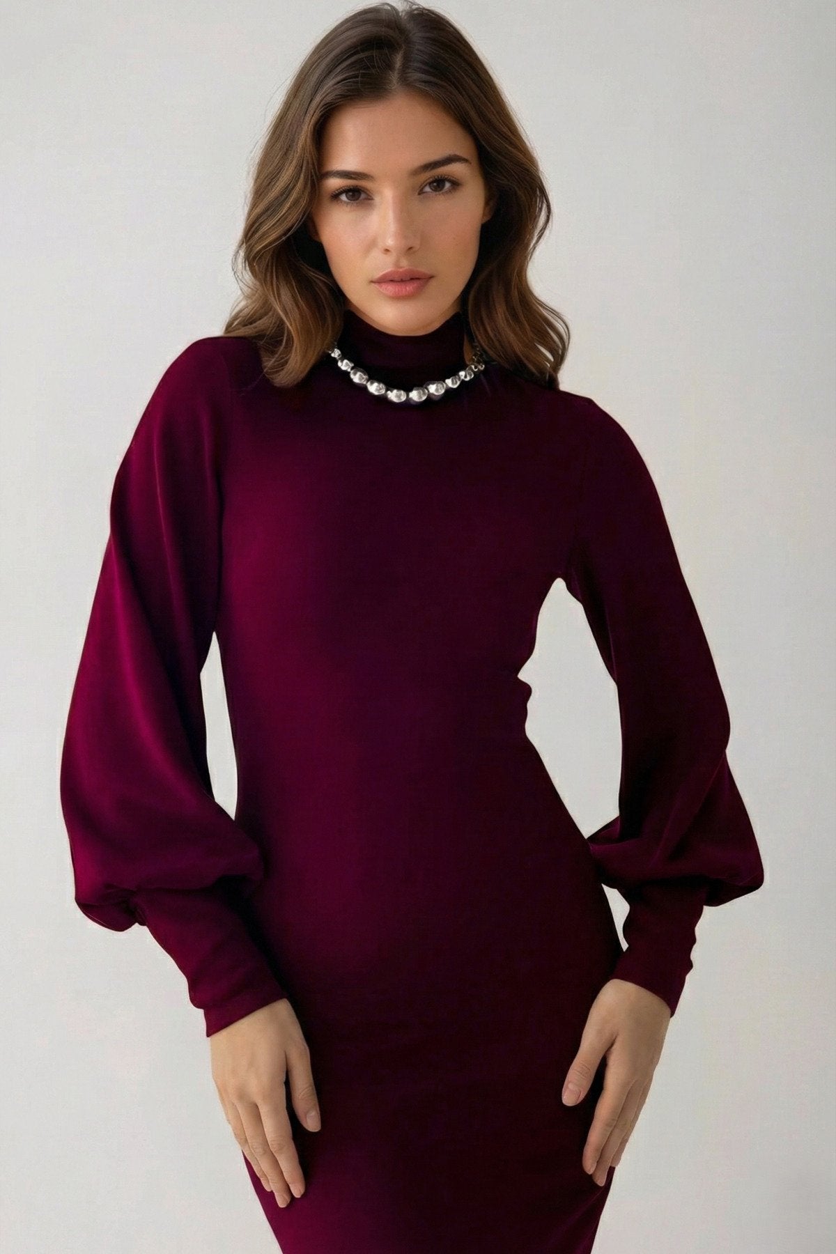 KADIN BALIKÇI YAKA UZUN KOLLU ESNEK TRİKO KUMAŞ GÜNLÜK VE TESETTÜRE UYGUN TASARIM UZUN ELBİSE