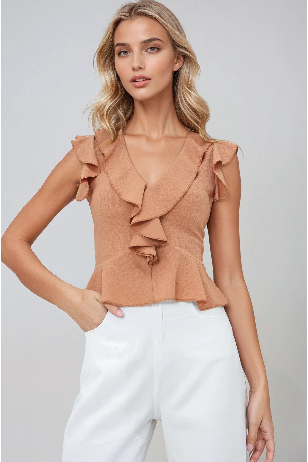 KADIN V YAKA VOLANLI ESNEK ÖRME KUMAŞ BLUZ