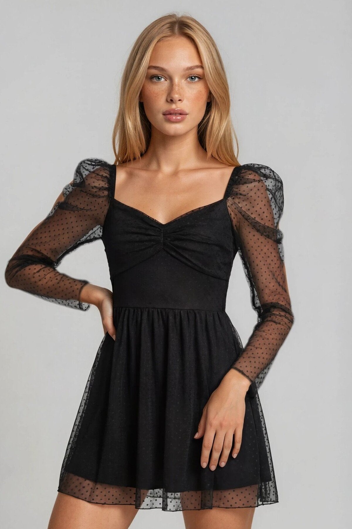 KADIN DRAPE DETAYLI PUANTİYE DESENLİ ETEĞİ KLOŞ ABİYE DÜĞÜN DAVET SÖZ BALO MEZUNİYET ELBİSESİ