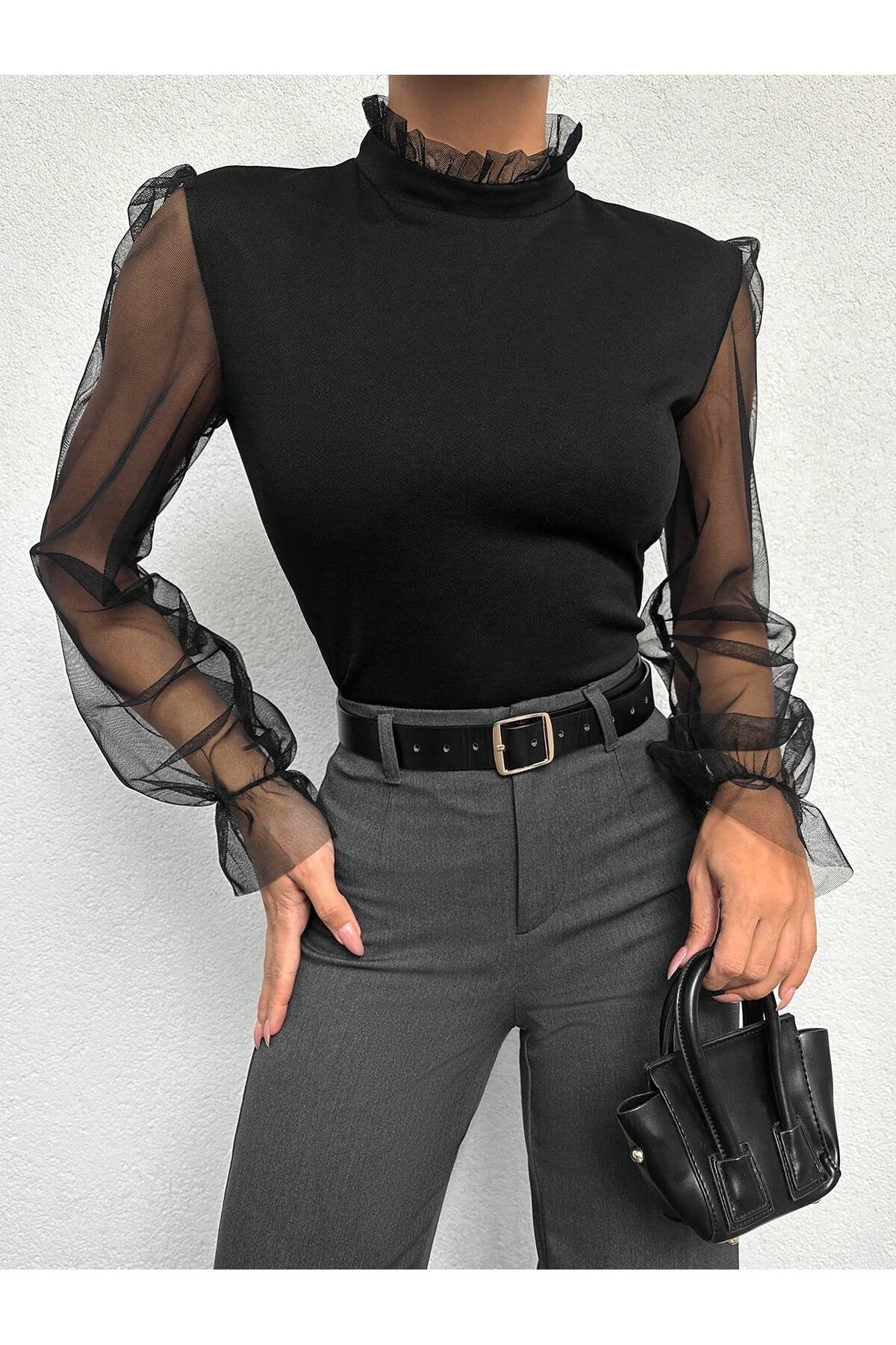 KADIN YAKASI FIRFIRLI KOLU TÜL ESNEK ÖRME KUMAŞ BLUZ