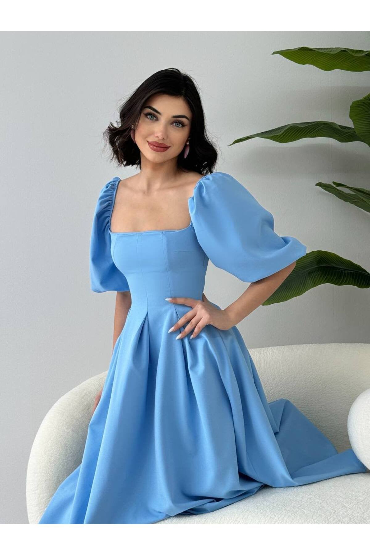 KADIN ATLAS KUMAŞ KARE YAKA BALON KOL KLOŞ KESİM MİDİ BOY NİKAH DÜĞÜN DAVET ELBİSESİ