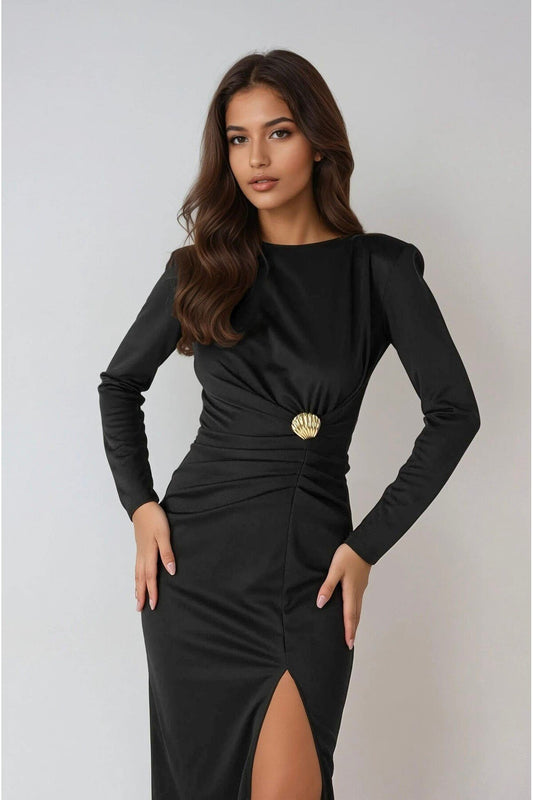 KADIN VATKALI DRAPE DETAYLI ESNEK KUMAŞ BROŞLU MİDİ BOY SÖZ DÜĞÜN NİŞAN DAVET ELBİSESİ