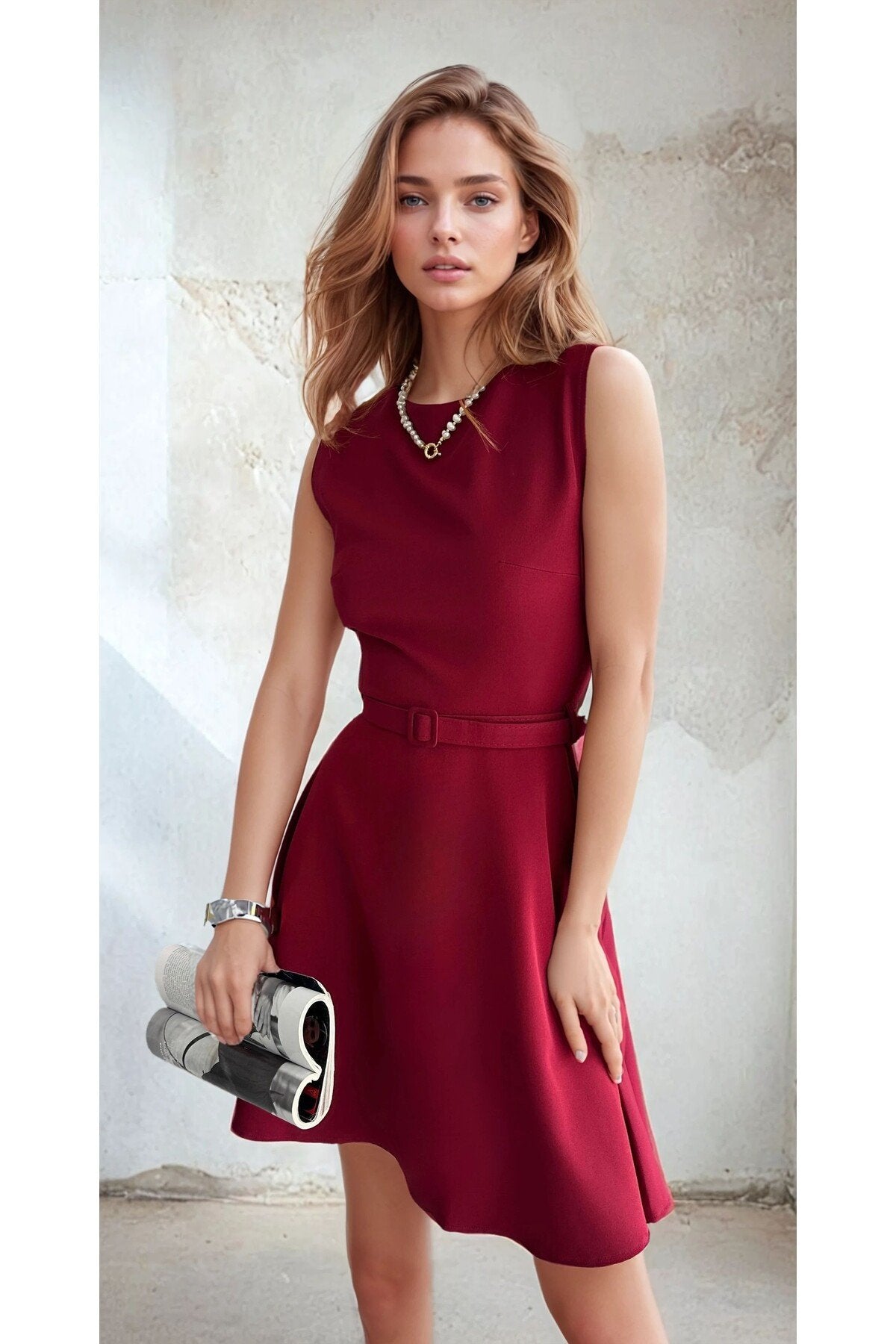 KADIN ATLAS KUMAŞ KEMERLİ VE CEPLİ KLOŞ ELBİSE