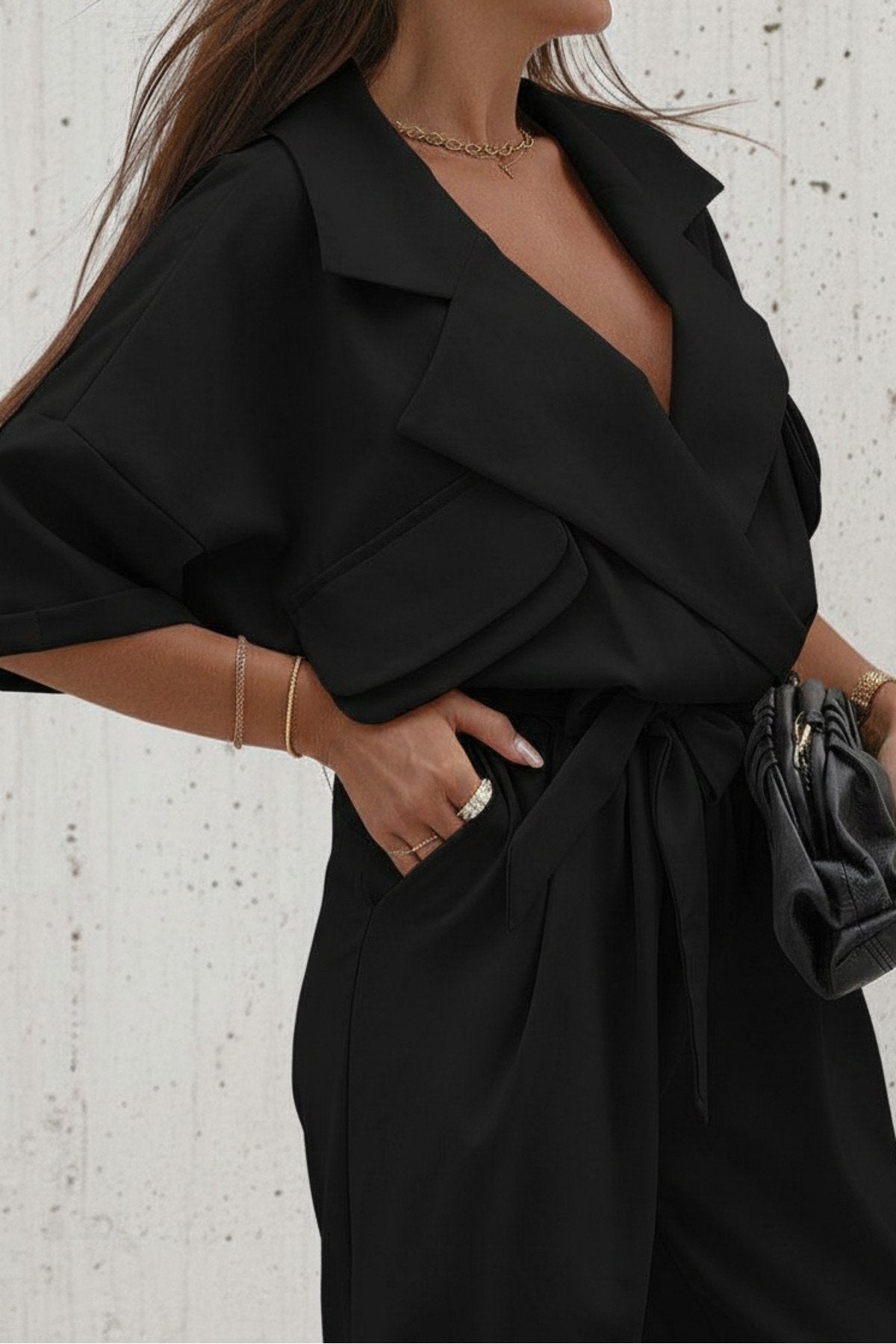 KADIN CEP DETAYLI KUŞAKLI GÖMLEK YAKA TULUM