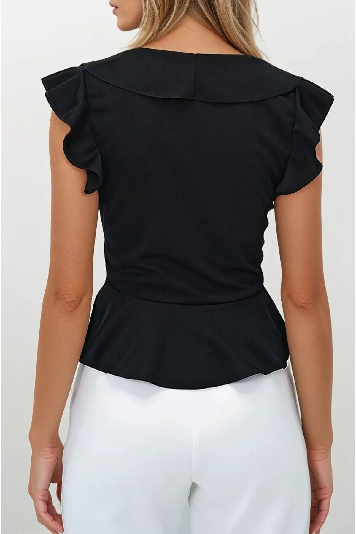 KADIN V YAKA VOLANLI ESNEK ÖRME KUMAŞ BLUZ