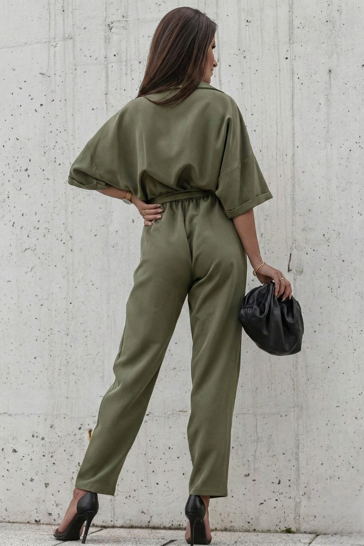 KADIN CEP DETAYLI KUŞAKLI GÖMLEK YAKA TULUM