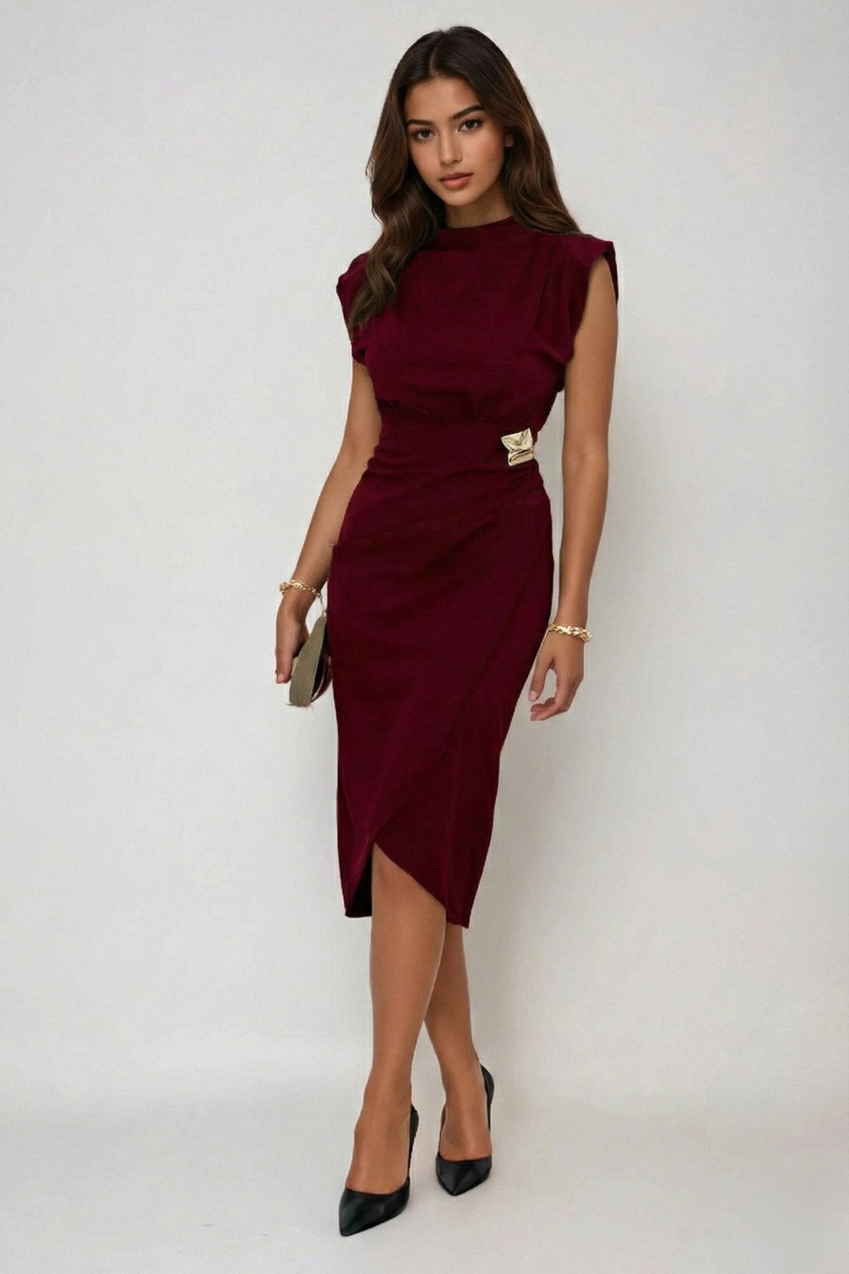 KADIN VATKALI BROŞ DETAYLI ESNEK KUMAŞ ANVELOP KESİM DÜĞÜN DAVET SÖZ NİŞAN ELBİSESİ