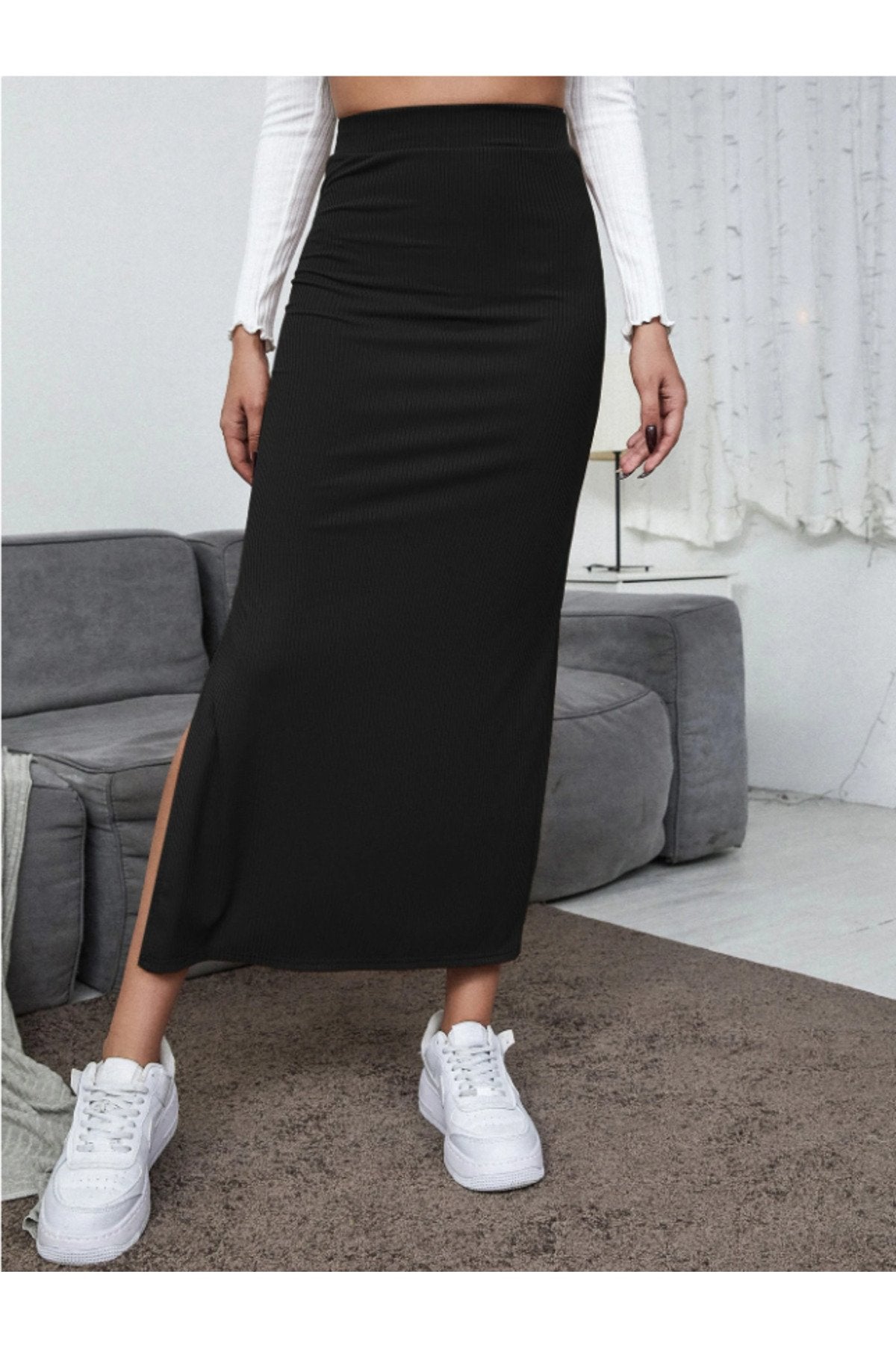 KADIN YIRTMAÇLI FİTİLLİ ESNEK KUMAŞ MİDİ BOY BELİ LASTİKLİ KALEM ETEK