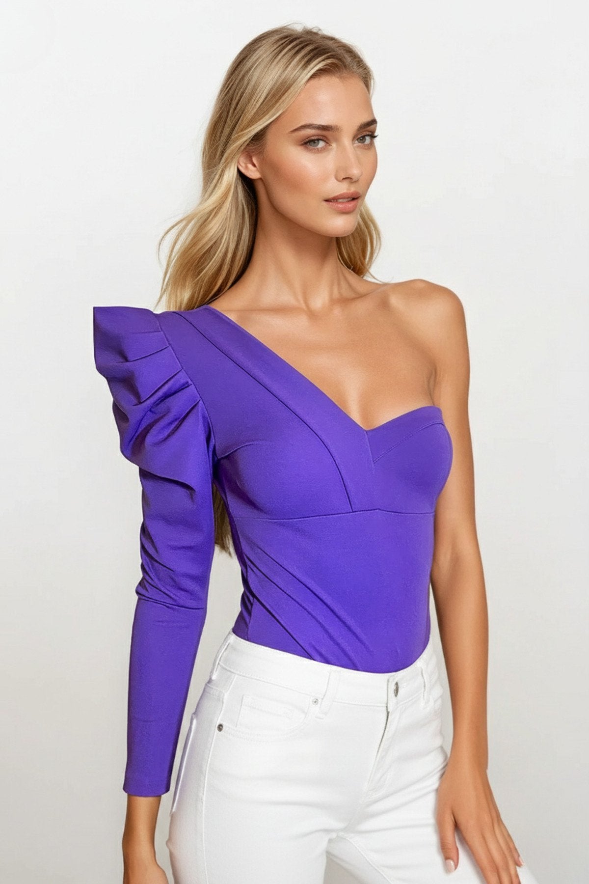 KADIN VATKALI TEK OMUZ TASARIM ESNEK ÖRME KUMAŞ BLUZ