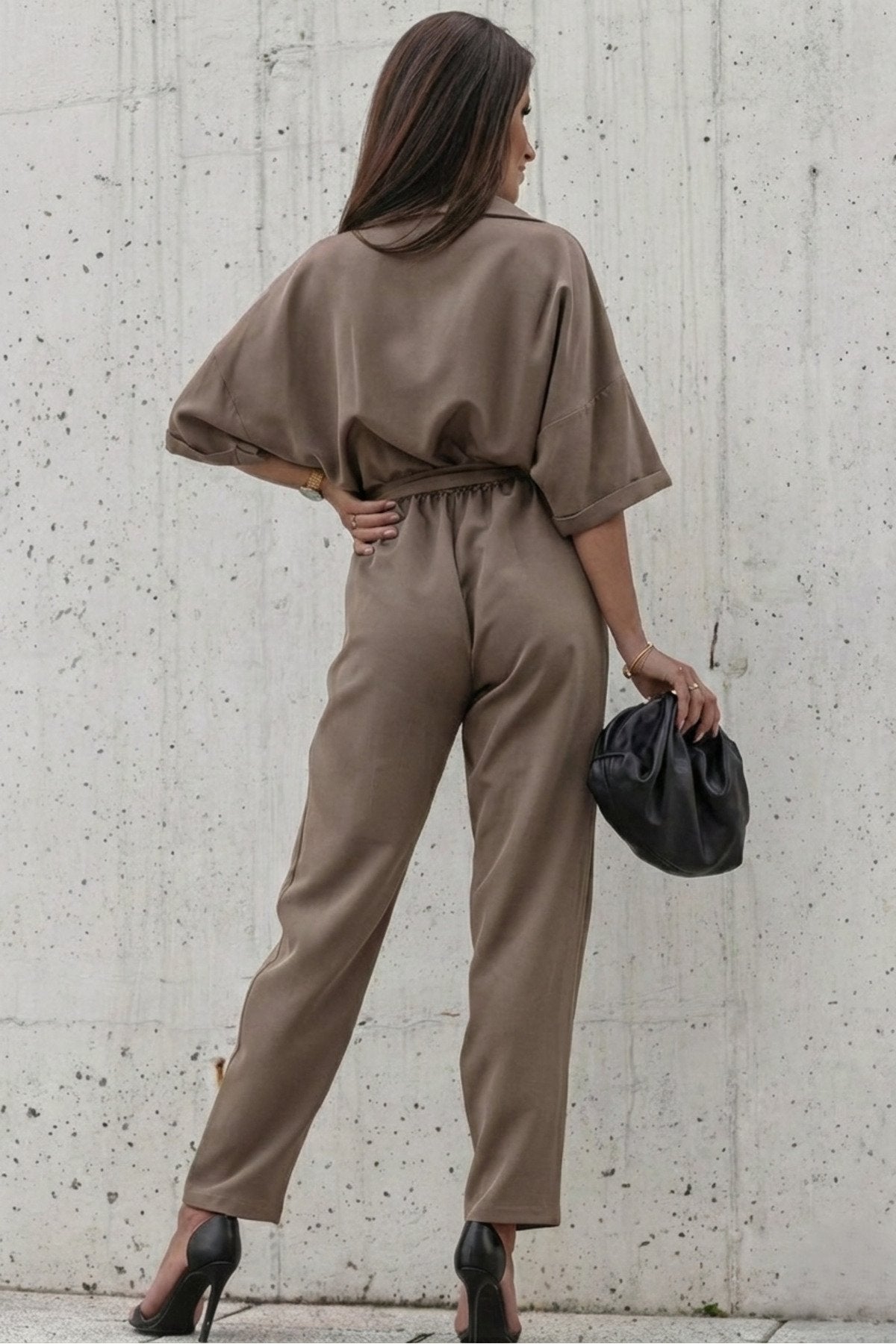 KADIN CEP DETAYLI KUŞAKLI GÖMLEK YAKA TULUM