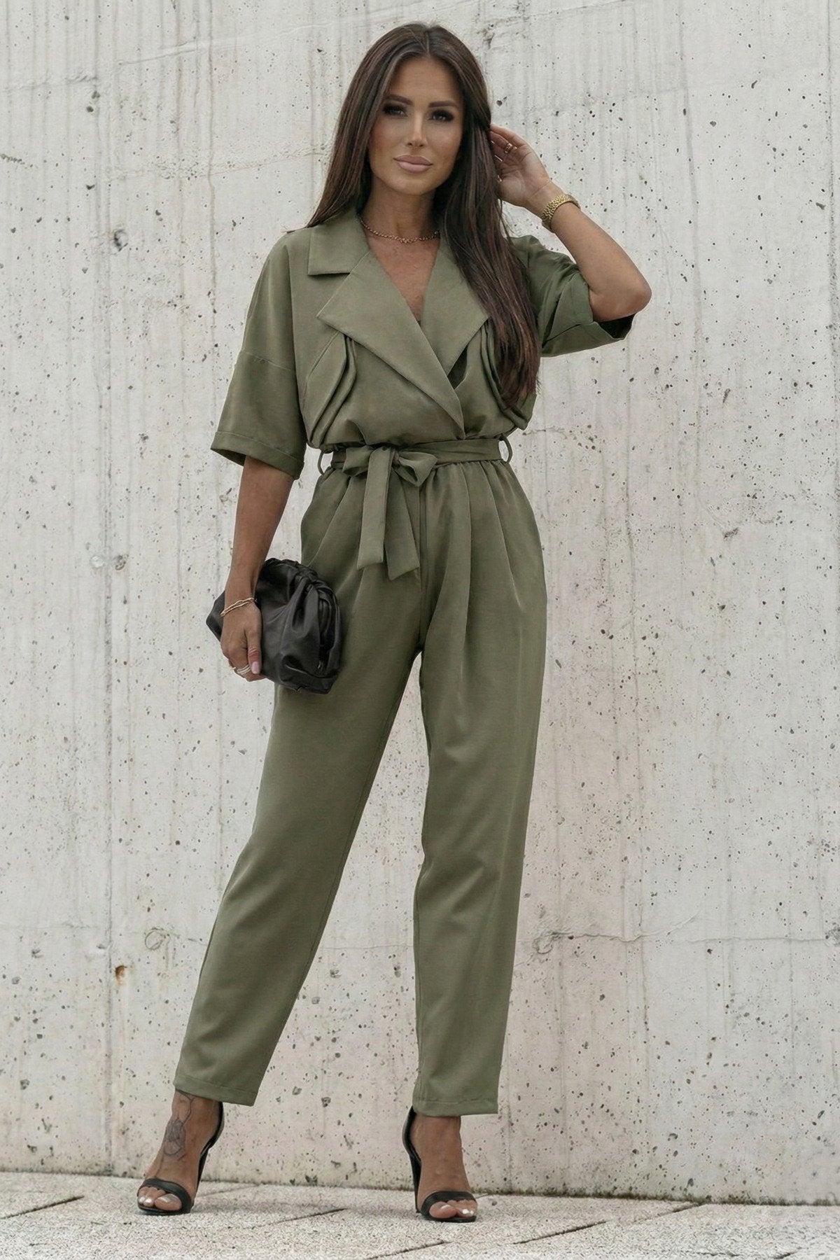 KADIN CEP DETAYLI KUŞAKLI GÖMLEK YAKA TULUM