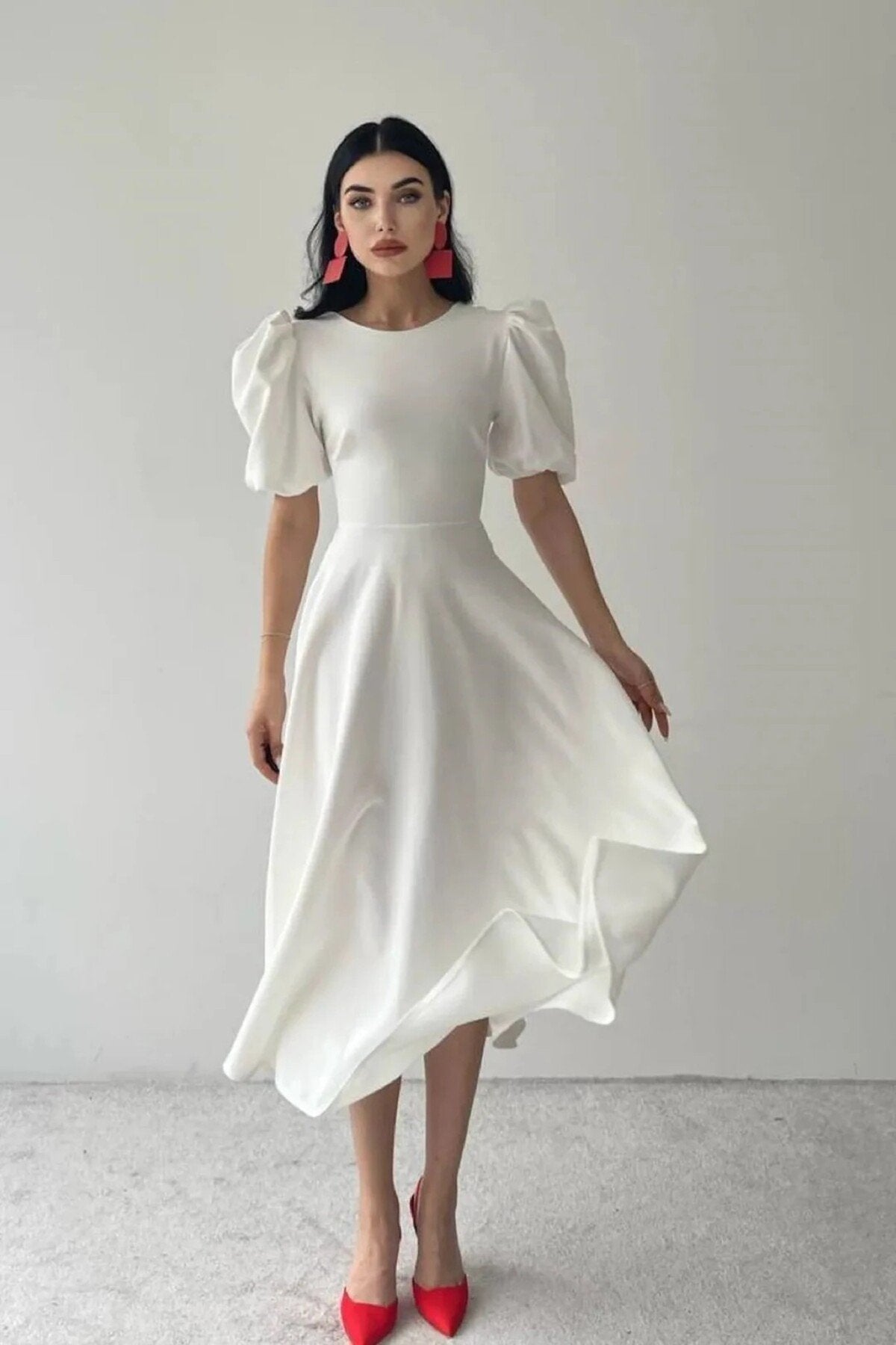 KADIN BALON KOL ETEĞİ KLOŞ MİDİ BOY ELBİSE