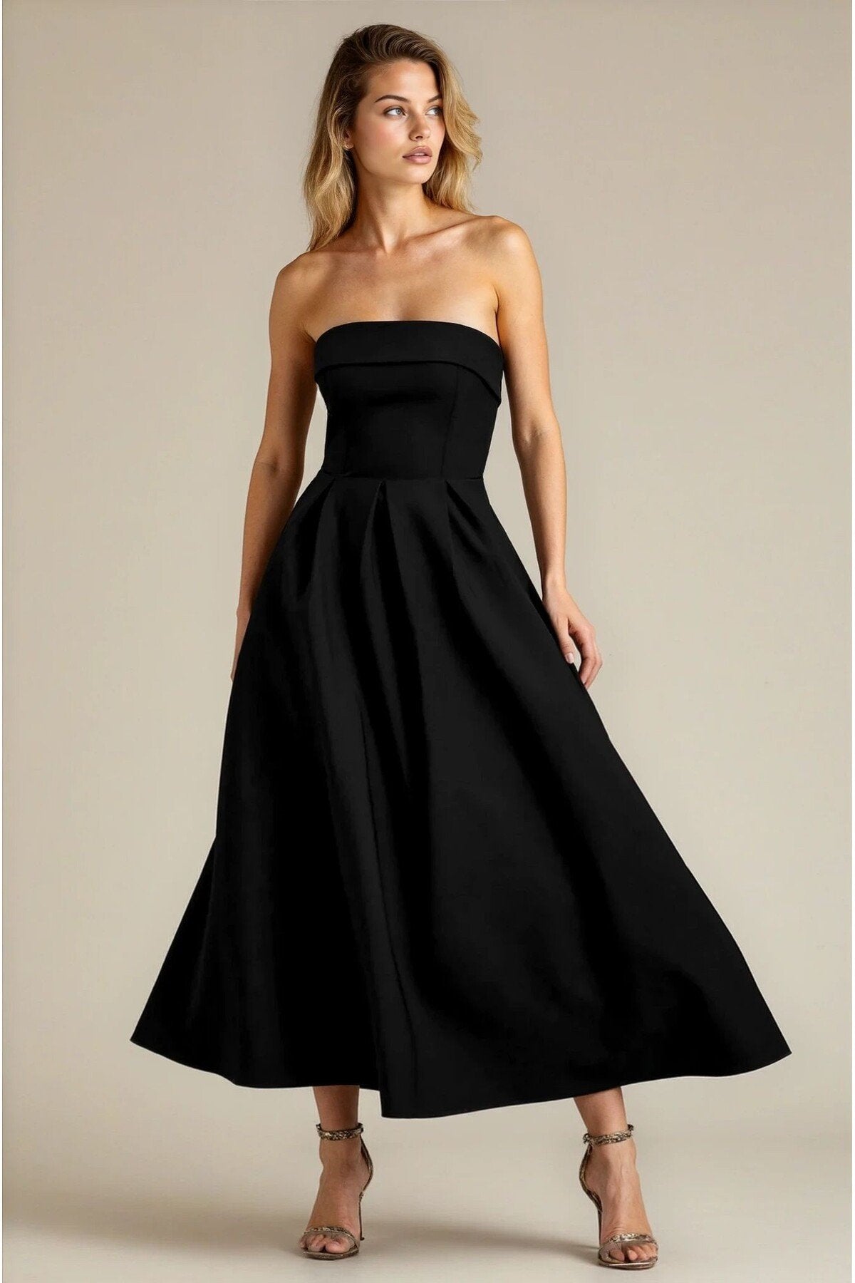 KADIN ATLAS KUMAŞ STRAPLEZ YAKA KLOŞ KESİM UZUN BOY DÜĞÜN NİŞAN DAVET ELBİSESİ