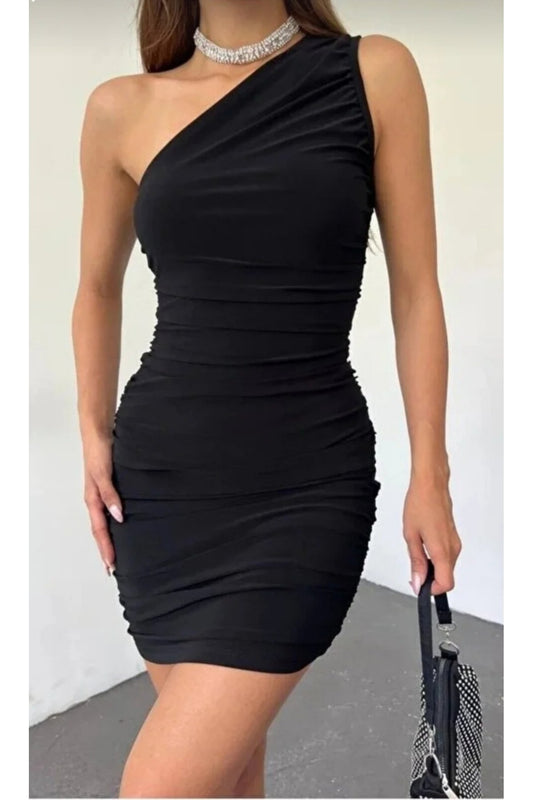 KADIN TEK OMUZ DRAPE DETAYLI ESNEK KUMAŞ ÇİFT KAT MİNİ ELBİSE