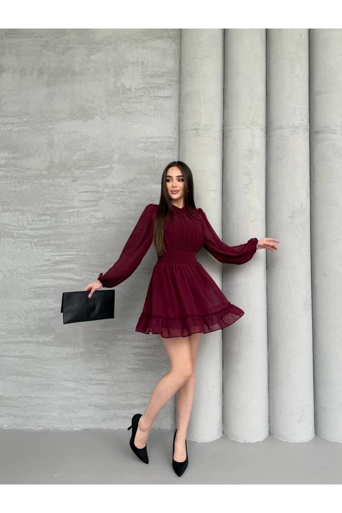 KADIN ETEĞİ FIRFIRLI BÜZGÜ DETAYLI BALON KOL ŞİFON ELBİSE