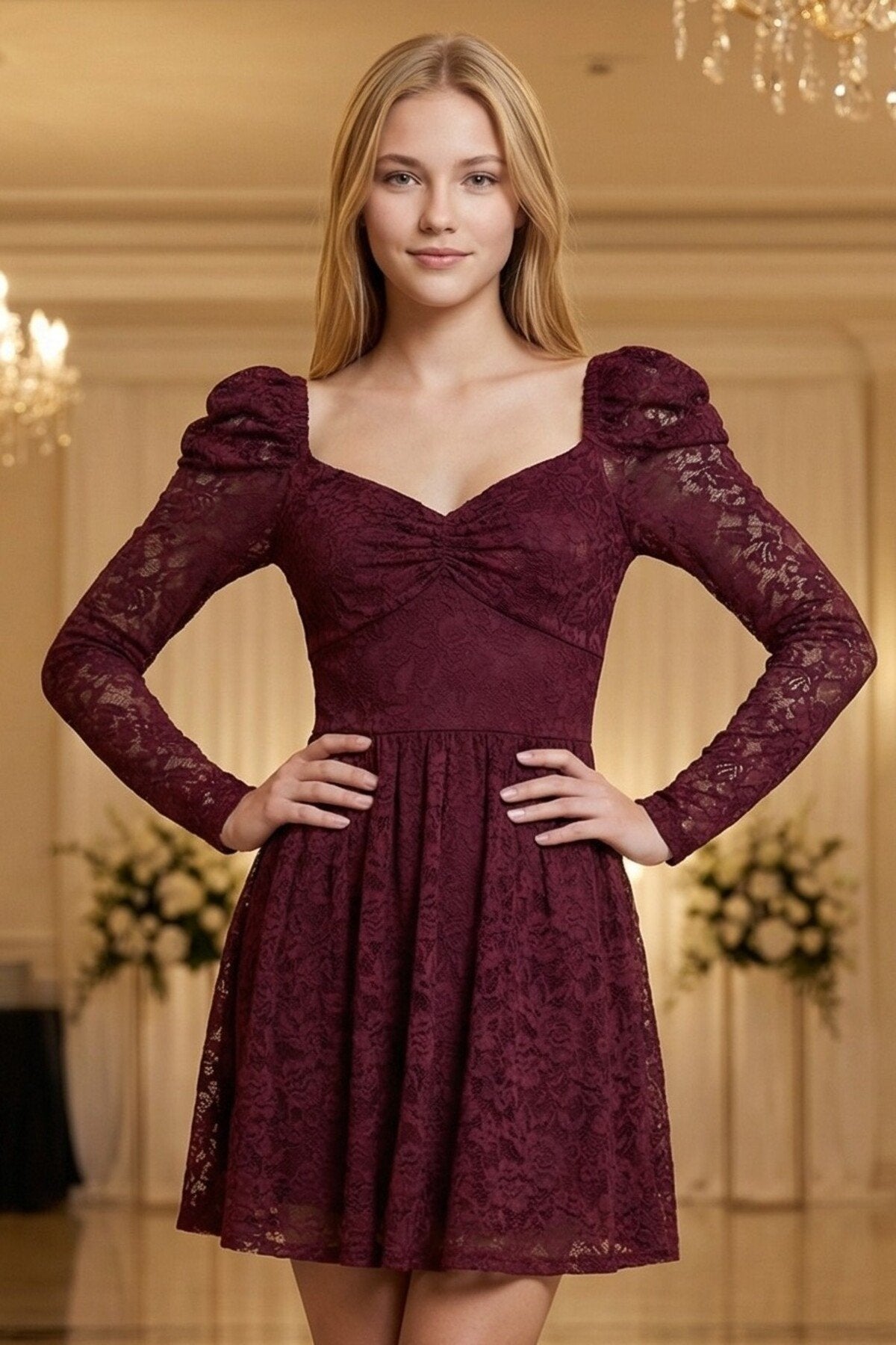 KADIN KLOŞ KESİM ÖNÜ BÜZGÜLÜ PREMIUM ESNEK DANTEL KUMAŞ ASTARLI BALO MEZUNİYET DAVET ELBİSESİ