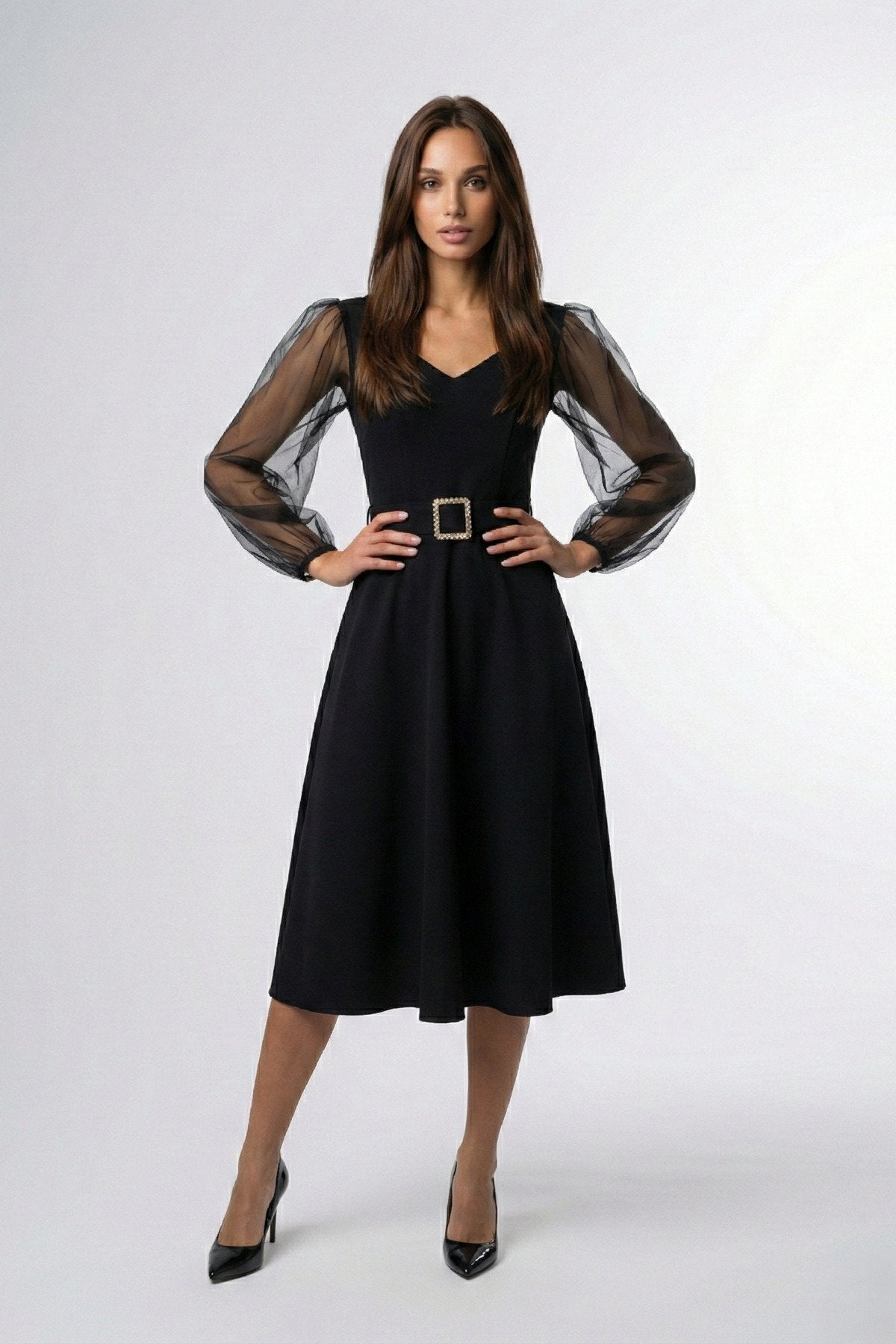 KADIN KALP YAKA KOLU TÜLLÜ TOKA DETAYLI ESNEK KUMAŞ MİDİ BOY KLOŞ SÖZ DÜĞÜN DAVET ELBİSESİ