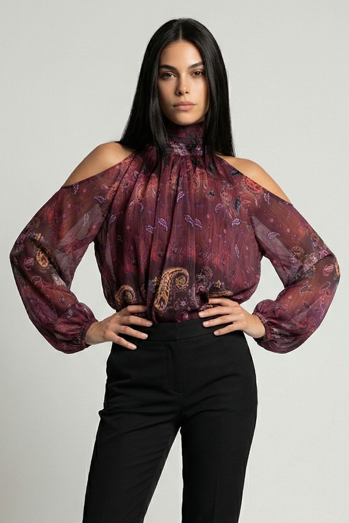 KADIN BALIKÇI YAKA BALON KOL OMUZU AÇIK ASTARLI ŞİFON BLUZ