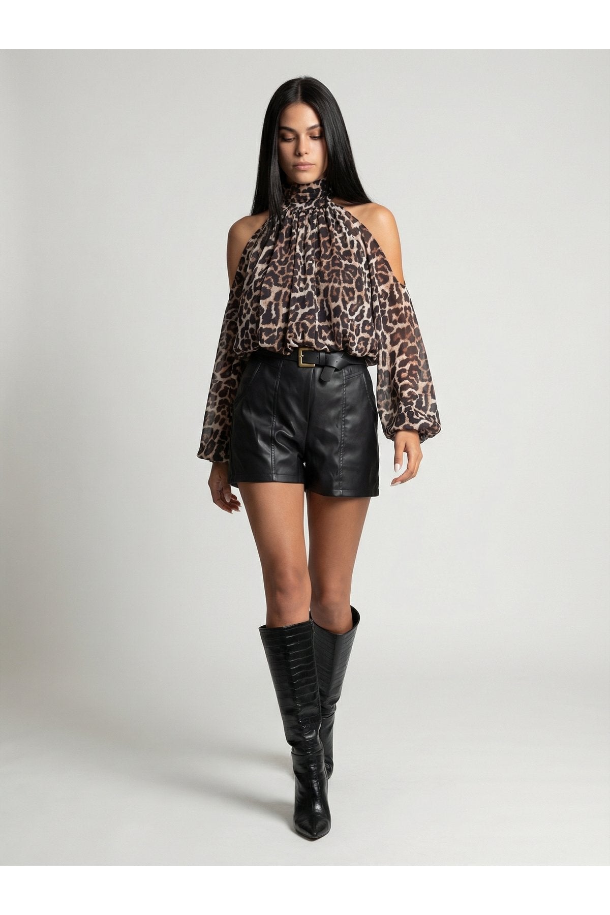 KADIN BALIKÇI YAKA BALON KOL OMUZU AÇIK ASTARLI ŞİFON BLUZ