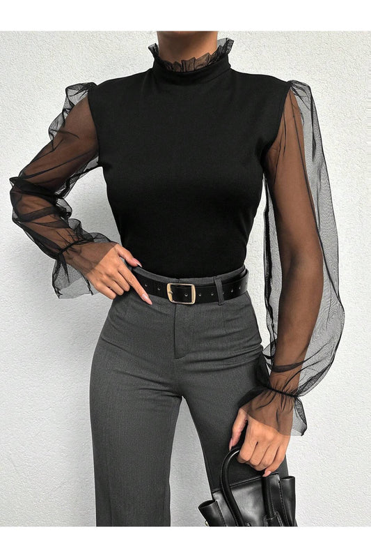 KADIN YAKASI FIRFIRLI KOLU TÜL ESNEK ÖRME KUMAŞ BLUZ