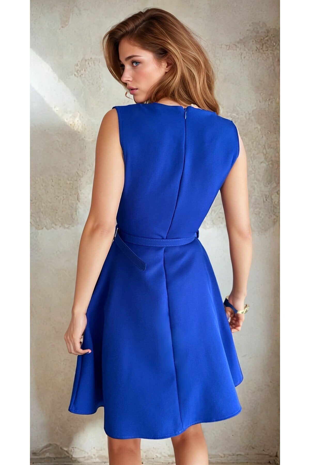 KADIN ATLAS KUMAŞ KEMERLİ VE CEPLİ KLOŞ ELBİSE