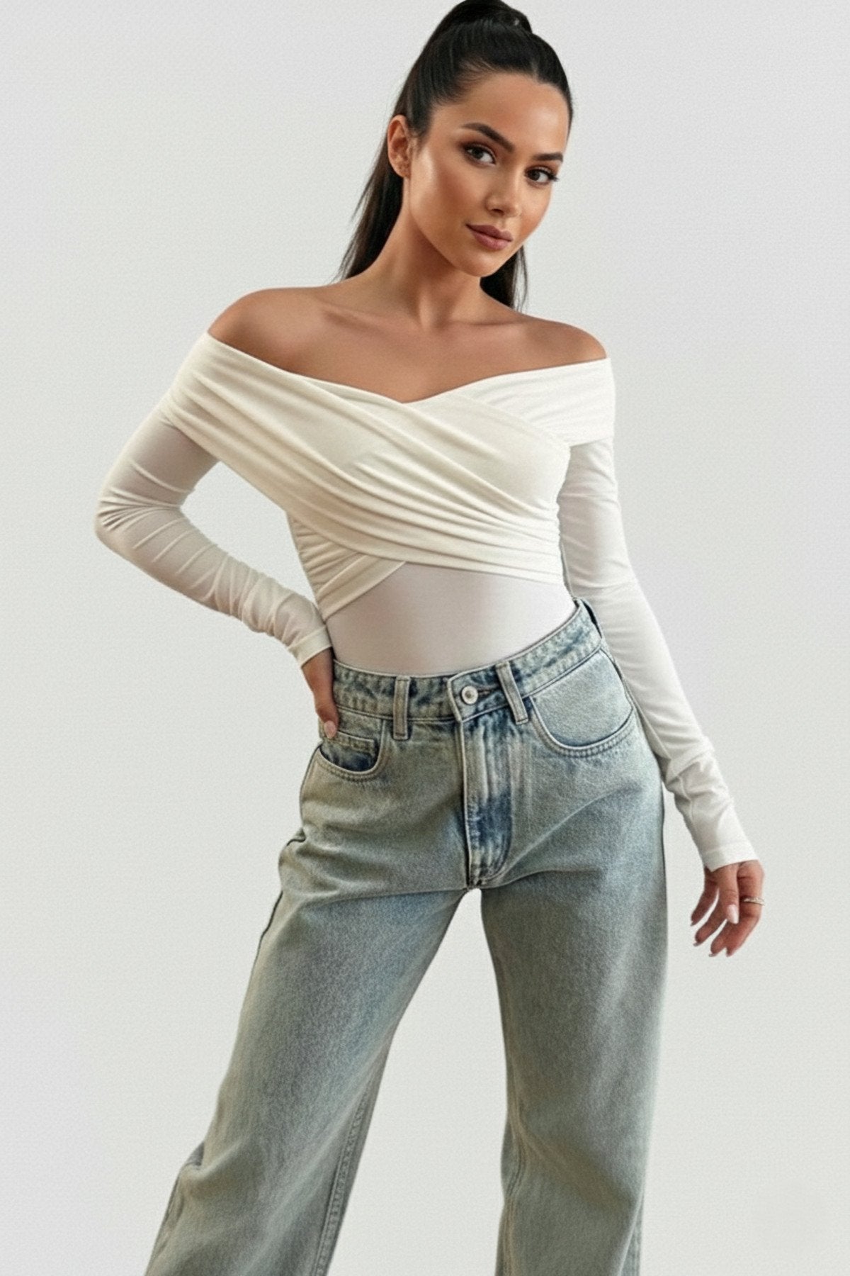 KADIN ÇAPRAZ YAKA DRAPE DETAYLI ESNEK KUMAŞ TASARIM BLUZ