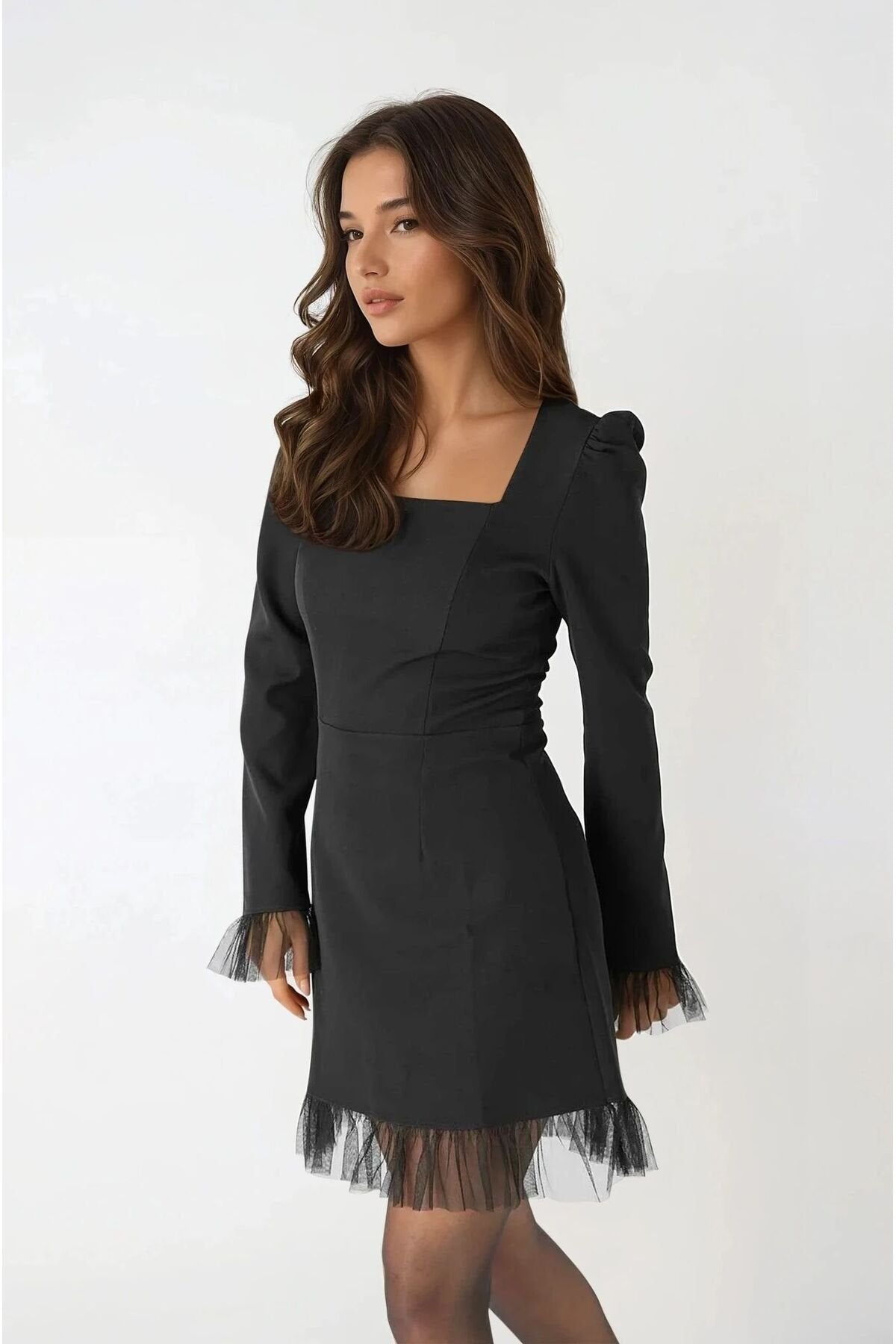 KADIN ETEĞİ VE KOLLARI TÜLLÜ KARE YAKA PRENSES KOL DAVET NİŞAN DÜĞÜN ABİYE GECE ELBİSESİ