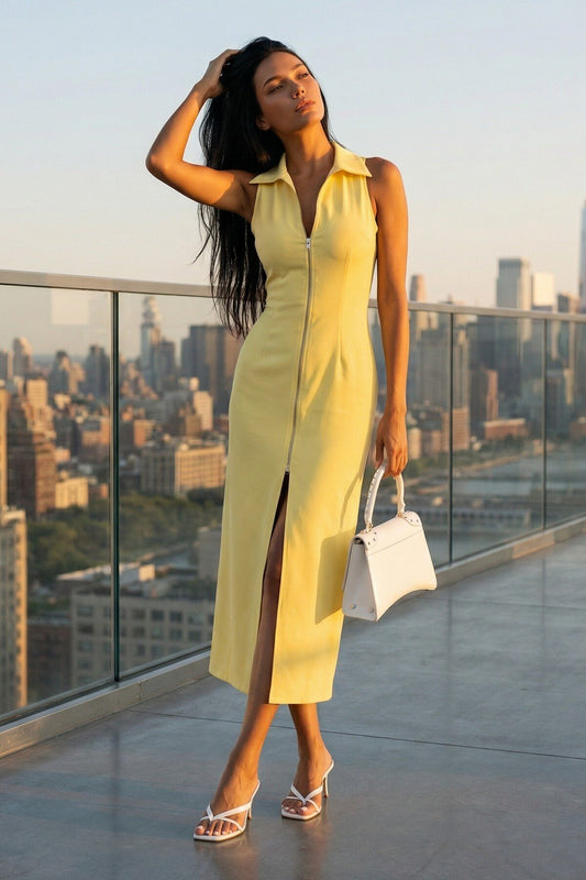 KADIN ÖNÜ FERMUARLI GÖMLEK YAKALI KOLSUZ MİDİ BOY YIRTMAÇLI ELBİSE