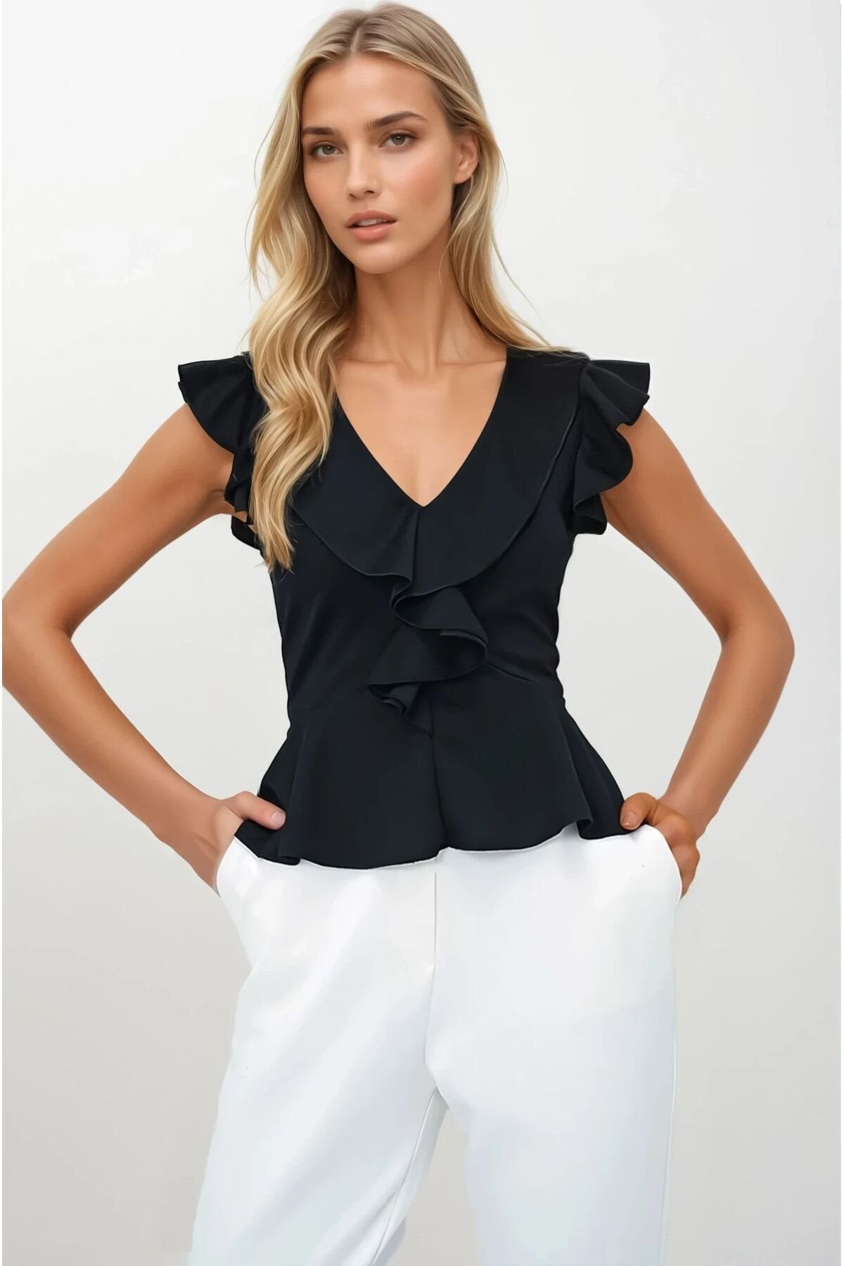 KADIN V YAKA VOLANLI ESNEK ÖRME KUMAŞ BLUZ
