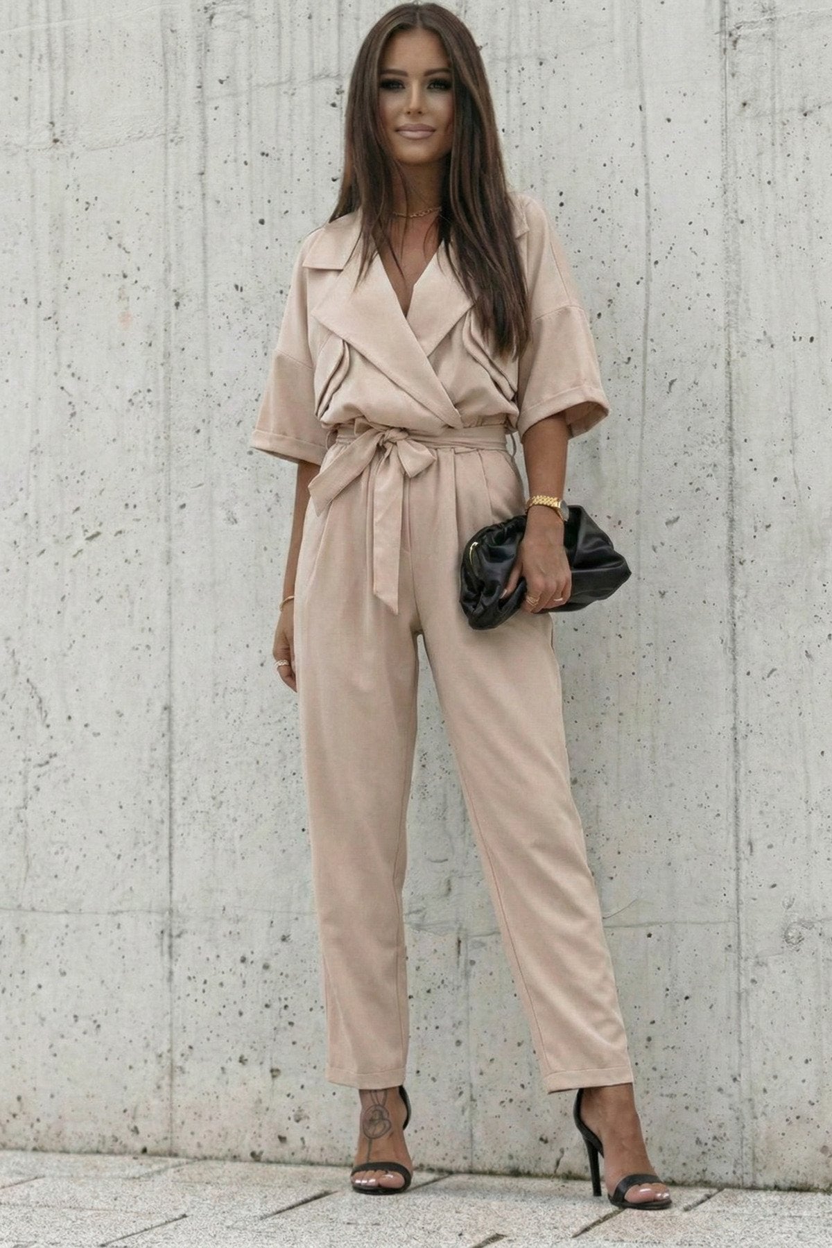 KADIN CEP DETAYLI KUŞAKLI GÖMLEK YAKA TULUM