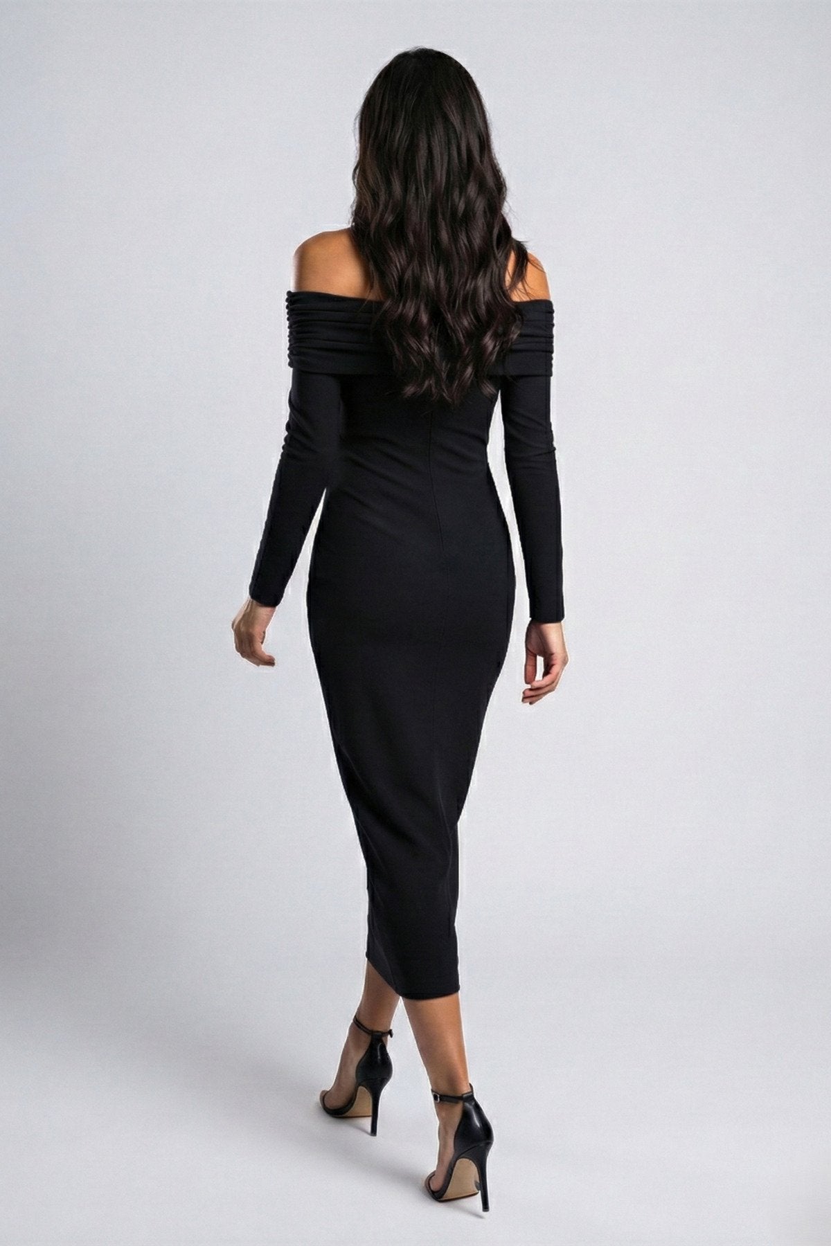 KADIN ÇAPRAZ YAKA DRAPE DETAYLI ESNEK KUMAŞ TASARIM ELBİSE