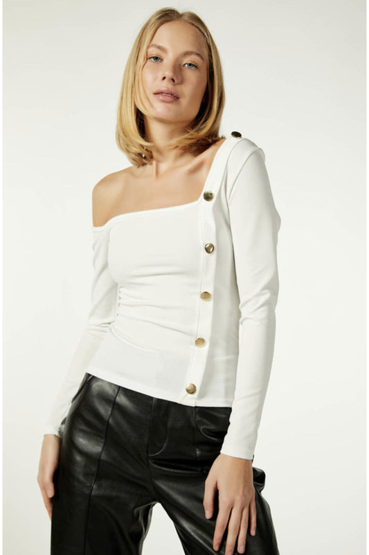 KADIN DÜĞME DETAYLI TEK OMUZ AÇIK ESNEK ÖRME KUMAŞ BLUZ