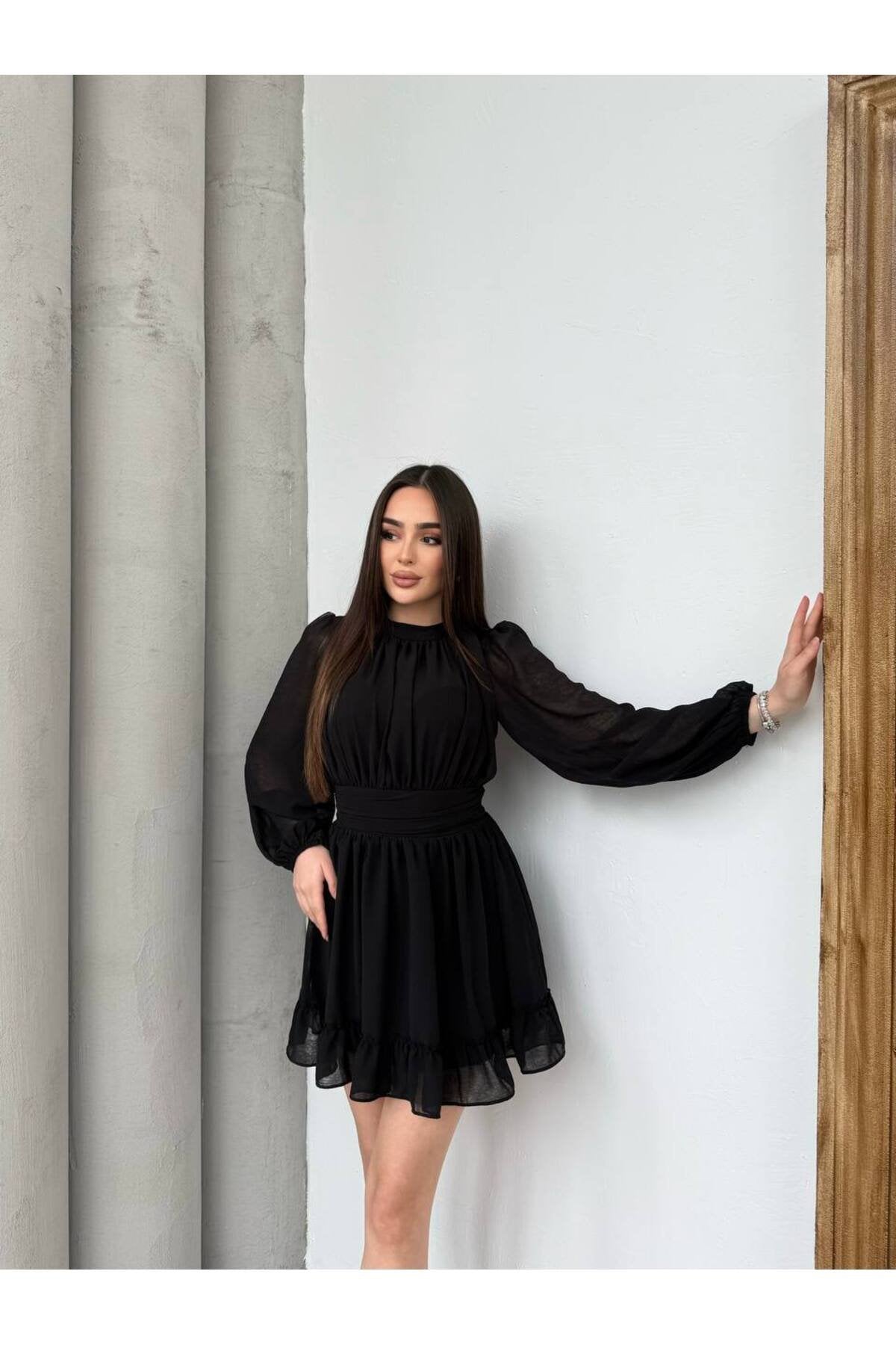 KADIN ETEĞİ FIRFIRLI BÜZGÜ DETAYLI BALON KOL ŞİFON ELBİSE