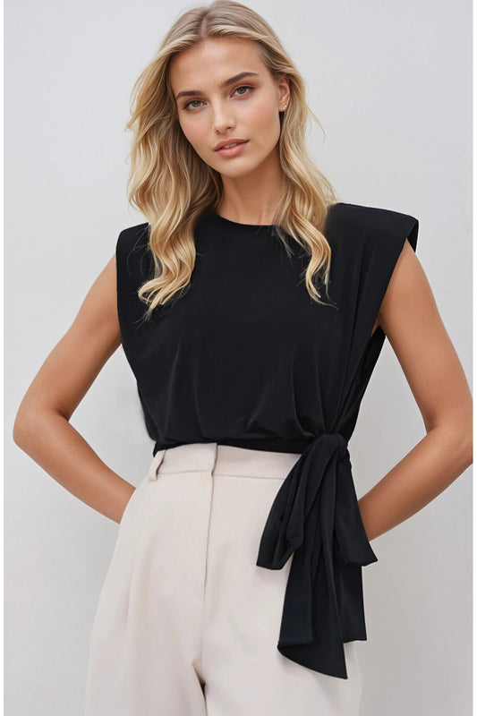 KADIN KOLSUZ BELİ KUŞAKLI ESNEK SANDY KUMAŞ VATKALI BLUZ