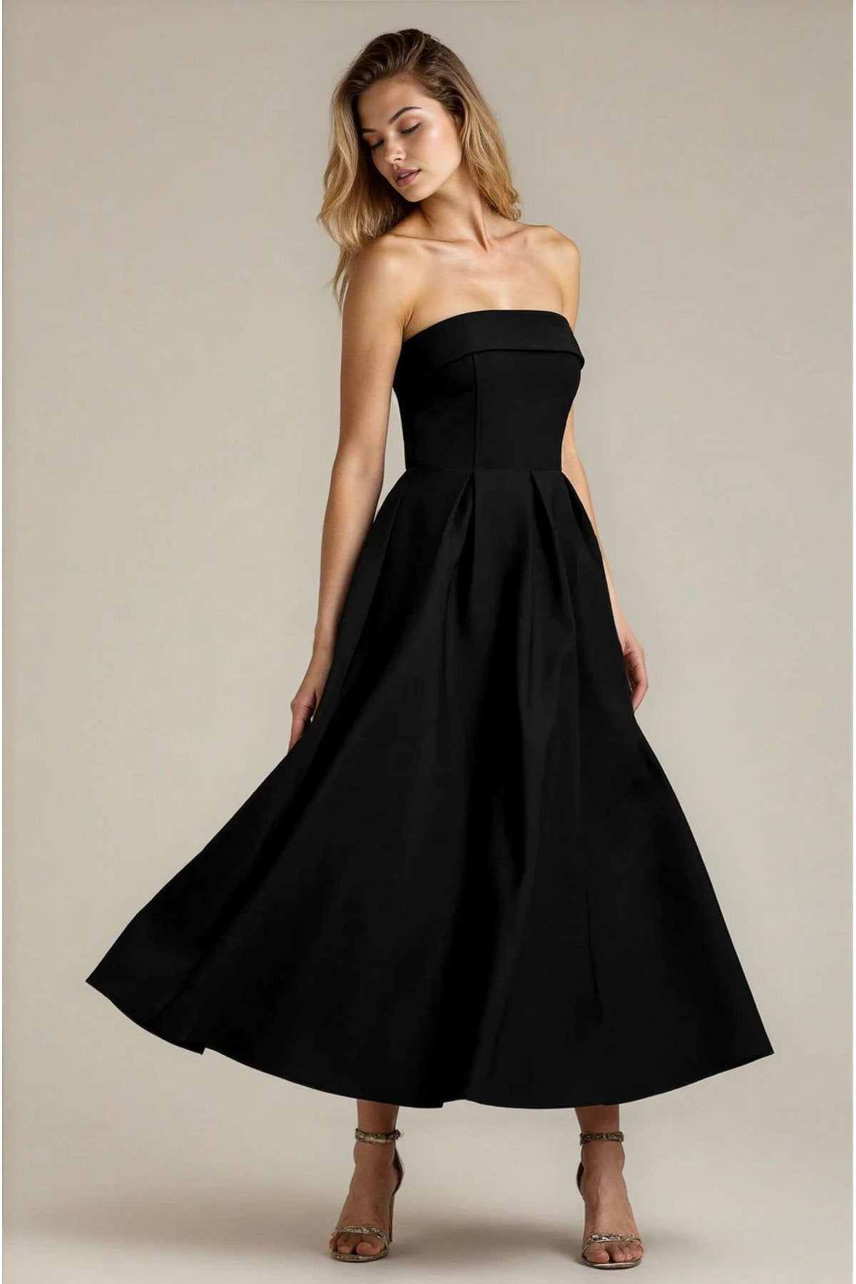 KADIN ATLAS KUMAŞ STRAPLEZ YAKA KLOŞ KESİM UZUN BOY DÜĞÜN NİŞAN DAVET ELBİSESİ