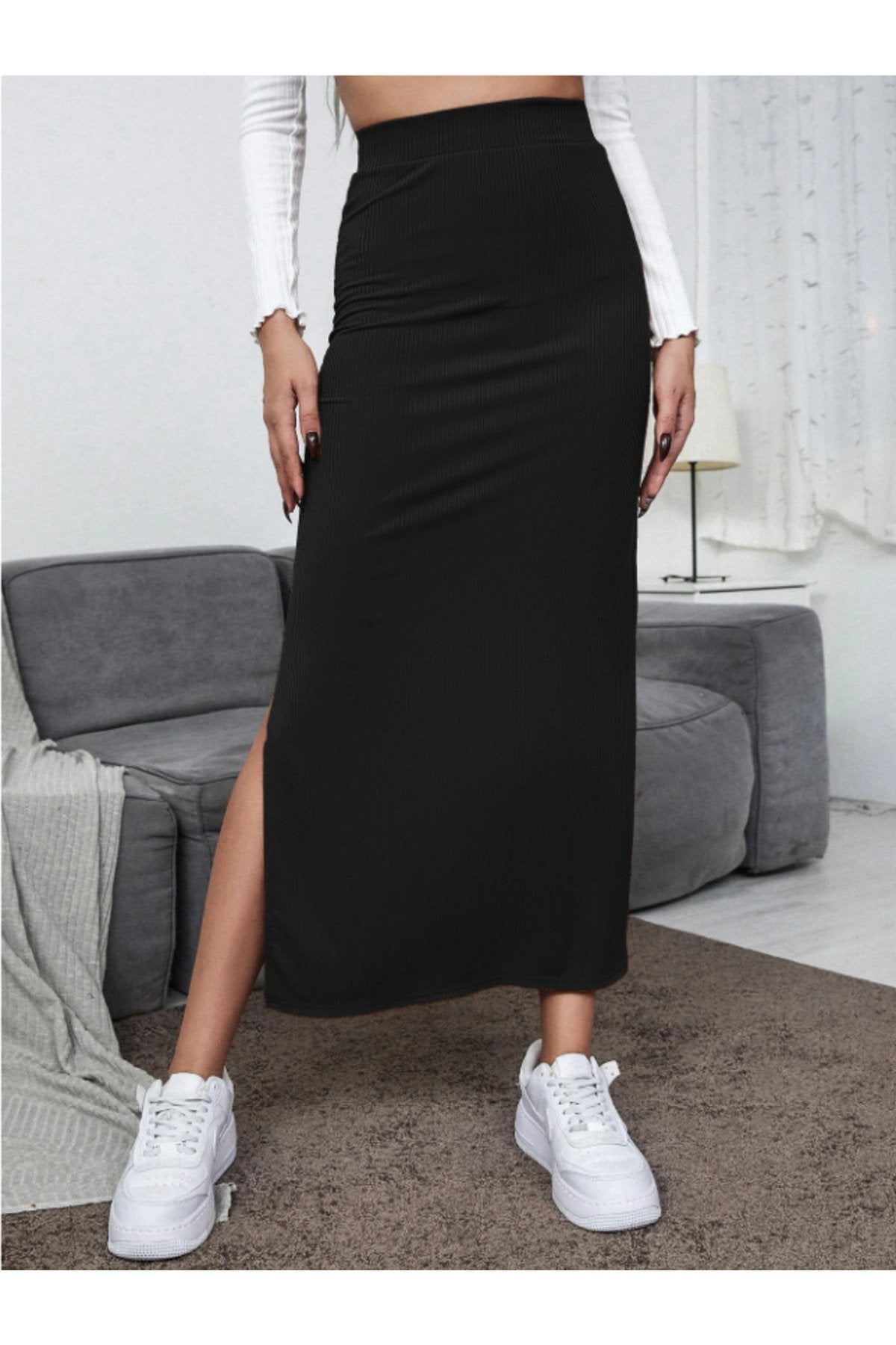KADIN YIRTMAÇLI FİTİLLİ ESNEK KUMAŞ MİDİ BOY BELİ LASTİKLİ KALEM ETEK