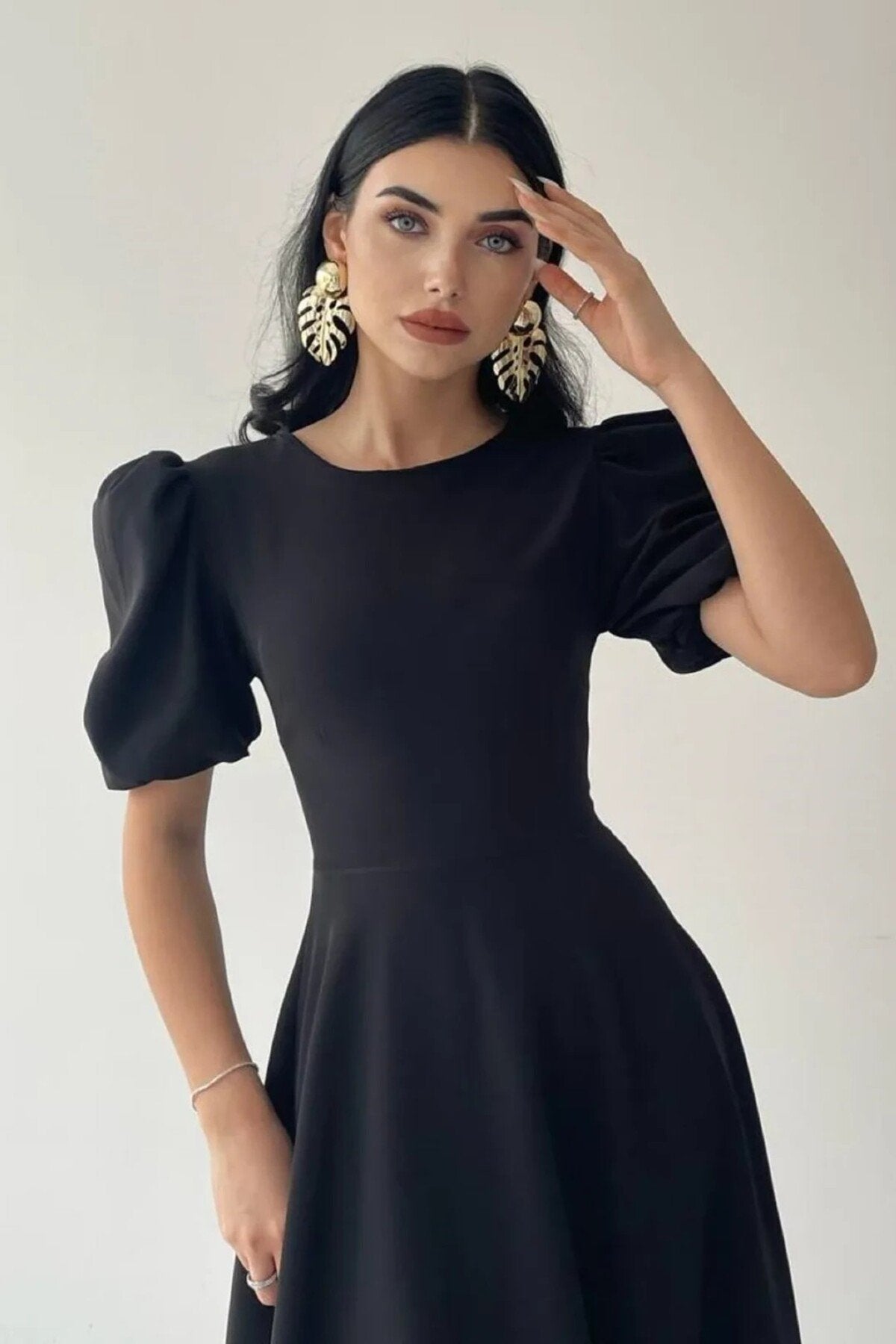 KADIN BALON KOL ETEĞİ KLOŞ MİDİ BOY ELBİSE